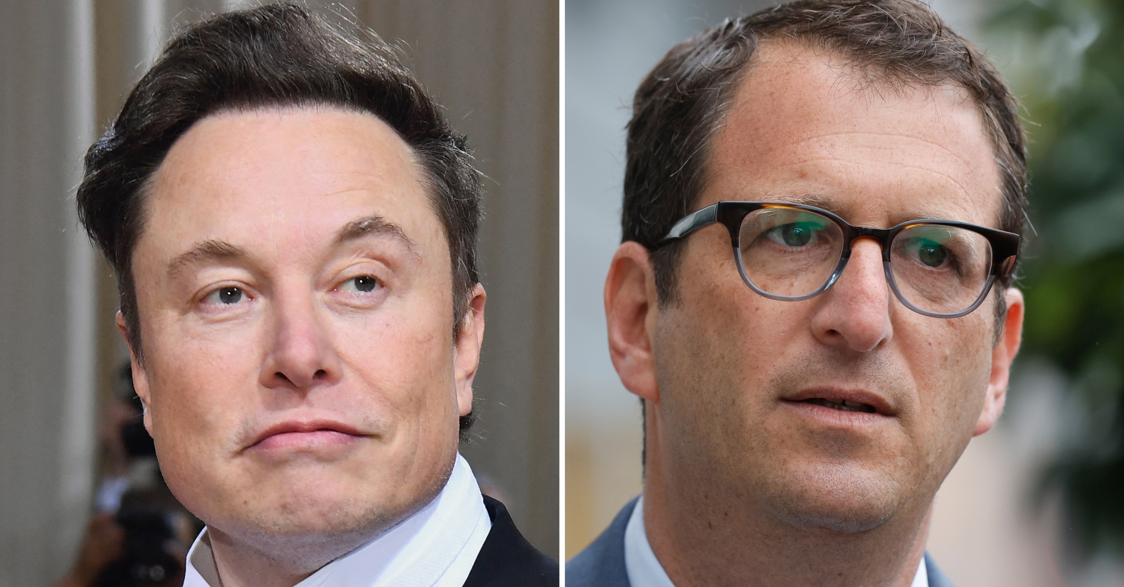 A split image of two men, one on the left with a faint smile and suit, and one on the right with glasses and a serious look.