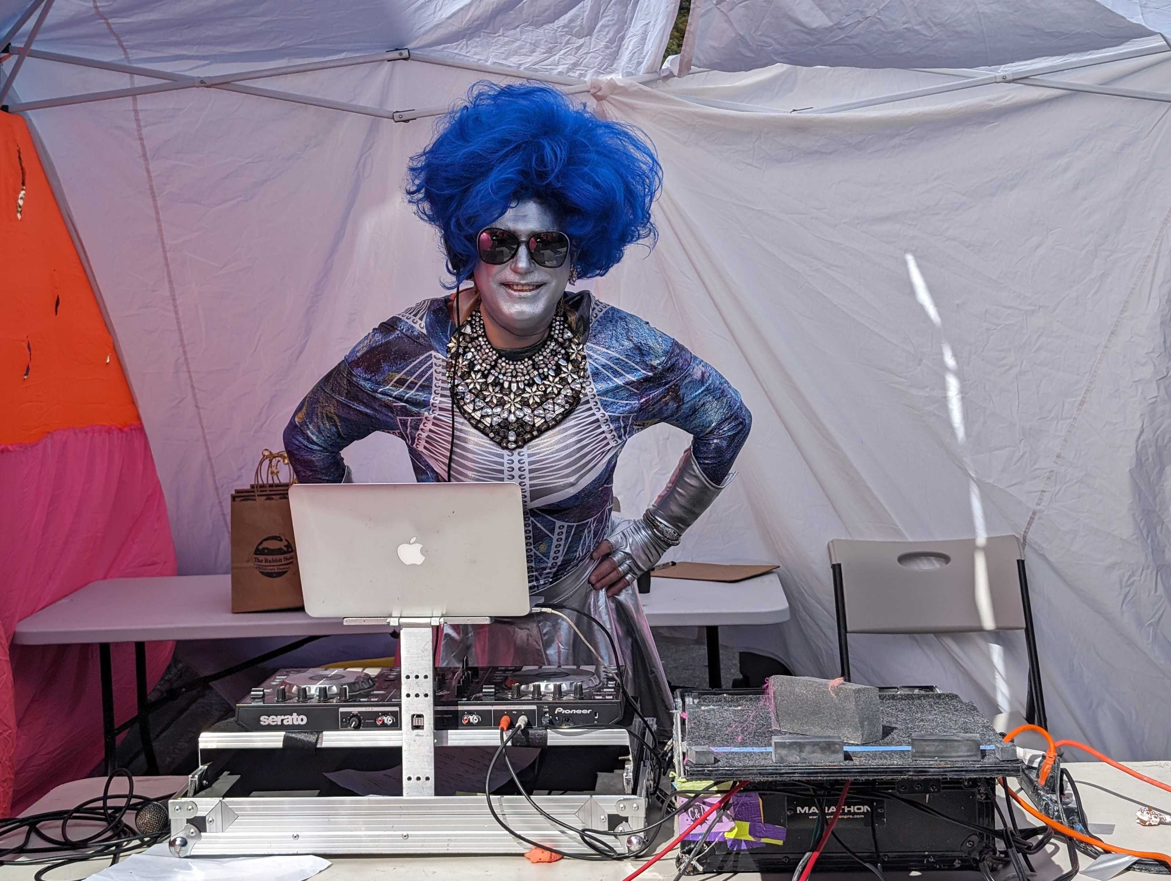 DJ Tweaka Turner spun uptempo tunes and classic dance-music cuts Sunday at a Halloween block party at Market and Noe streets.