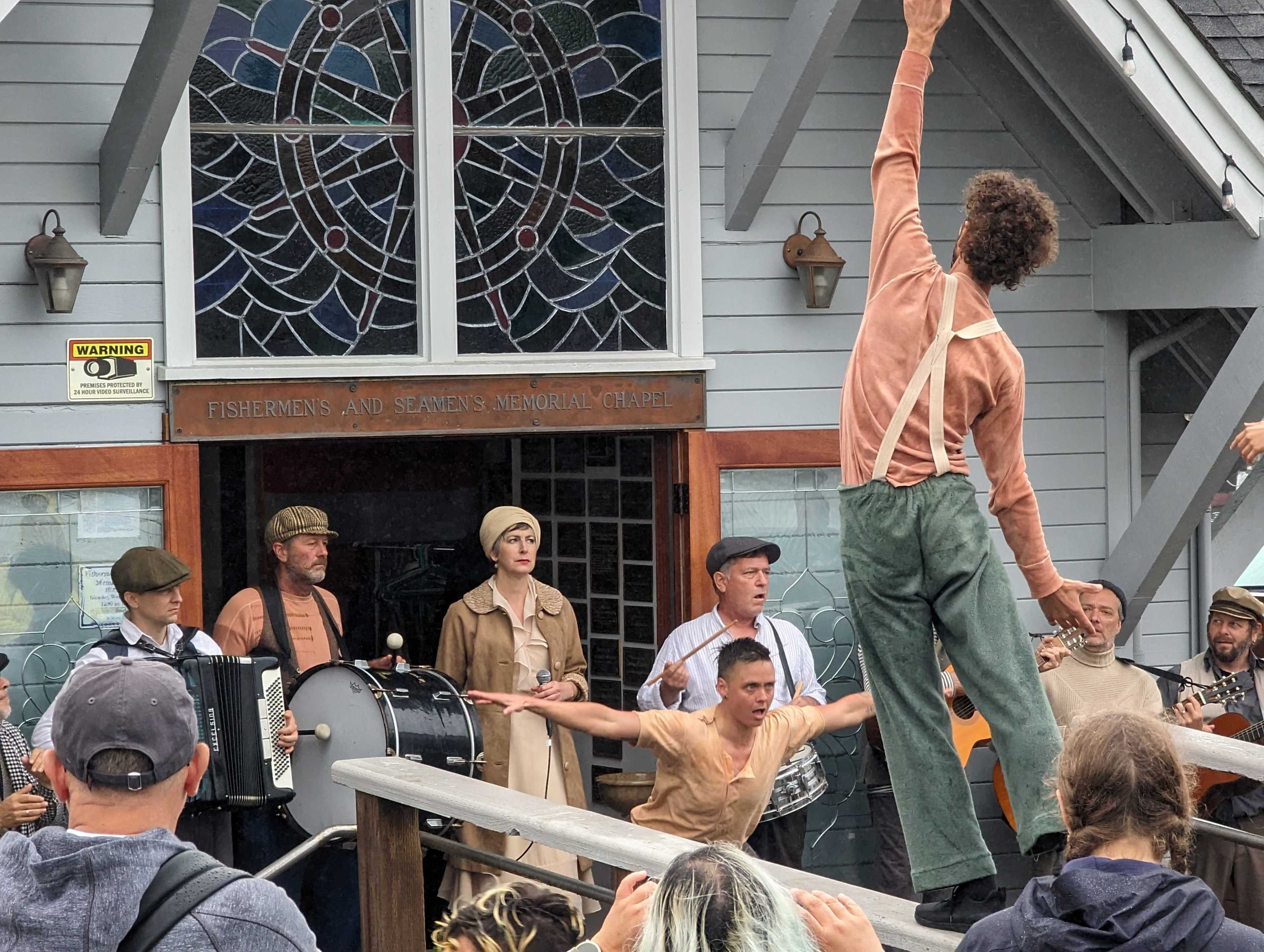 Epiphany Dance Theater members perform with Jonah's Lift outside the Fishermen's and Seamen's Chapel at Fishermen's Wharf for the San Francisco Trolley Dances festival on Sunday, October 22, 2023. Epiphany’s San Francisco Trolley Dances (SFTD) is an annual festival presented over 3 days along a designated public transit route. SFTD connects neighborhoods and participants to San Francisco’s history, culture, architecture, natural environment and social fabric.
