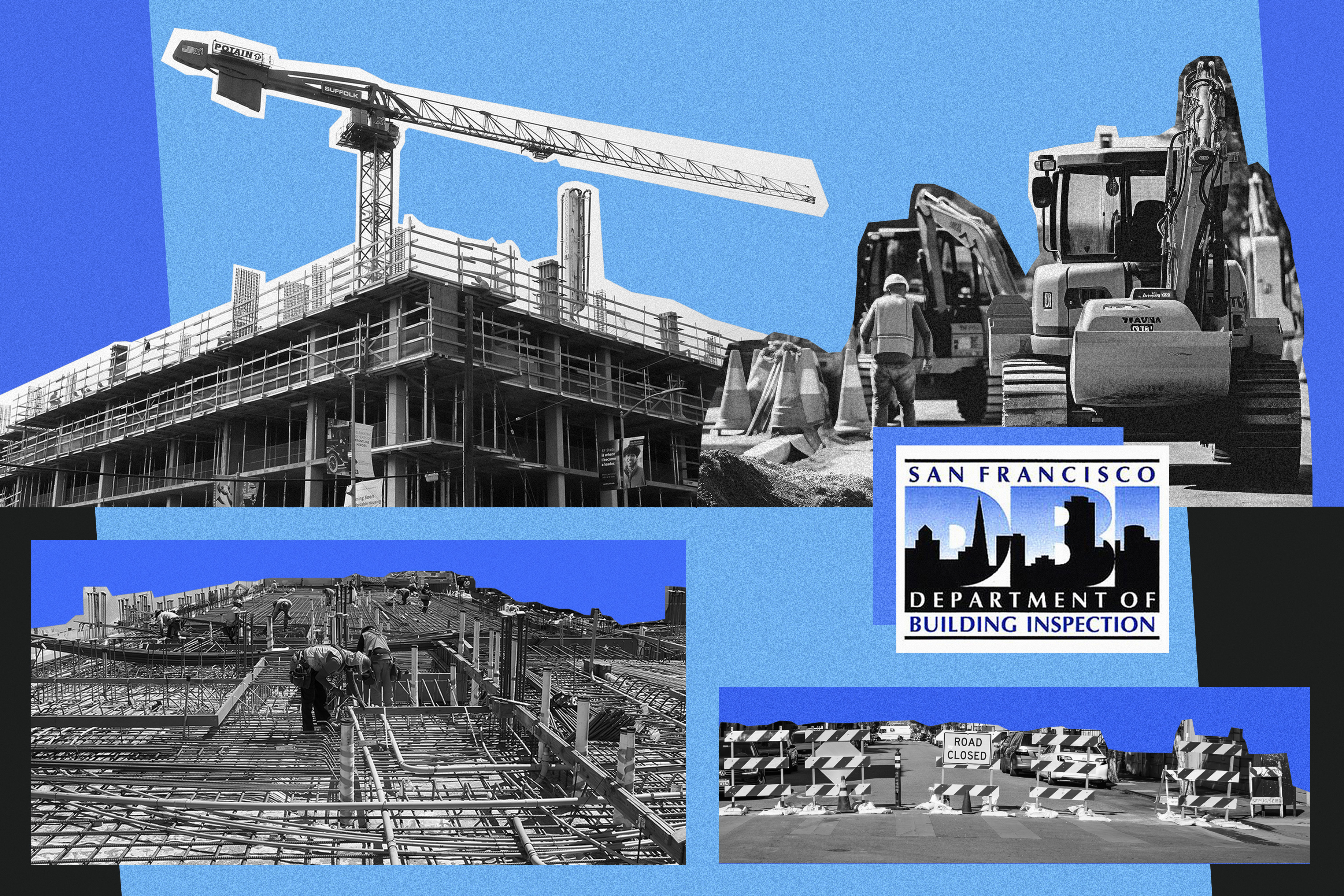 Buildings under construction in an illustration with construction equipment.