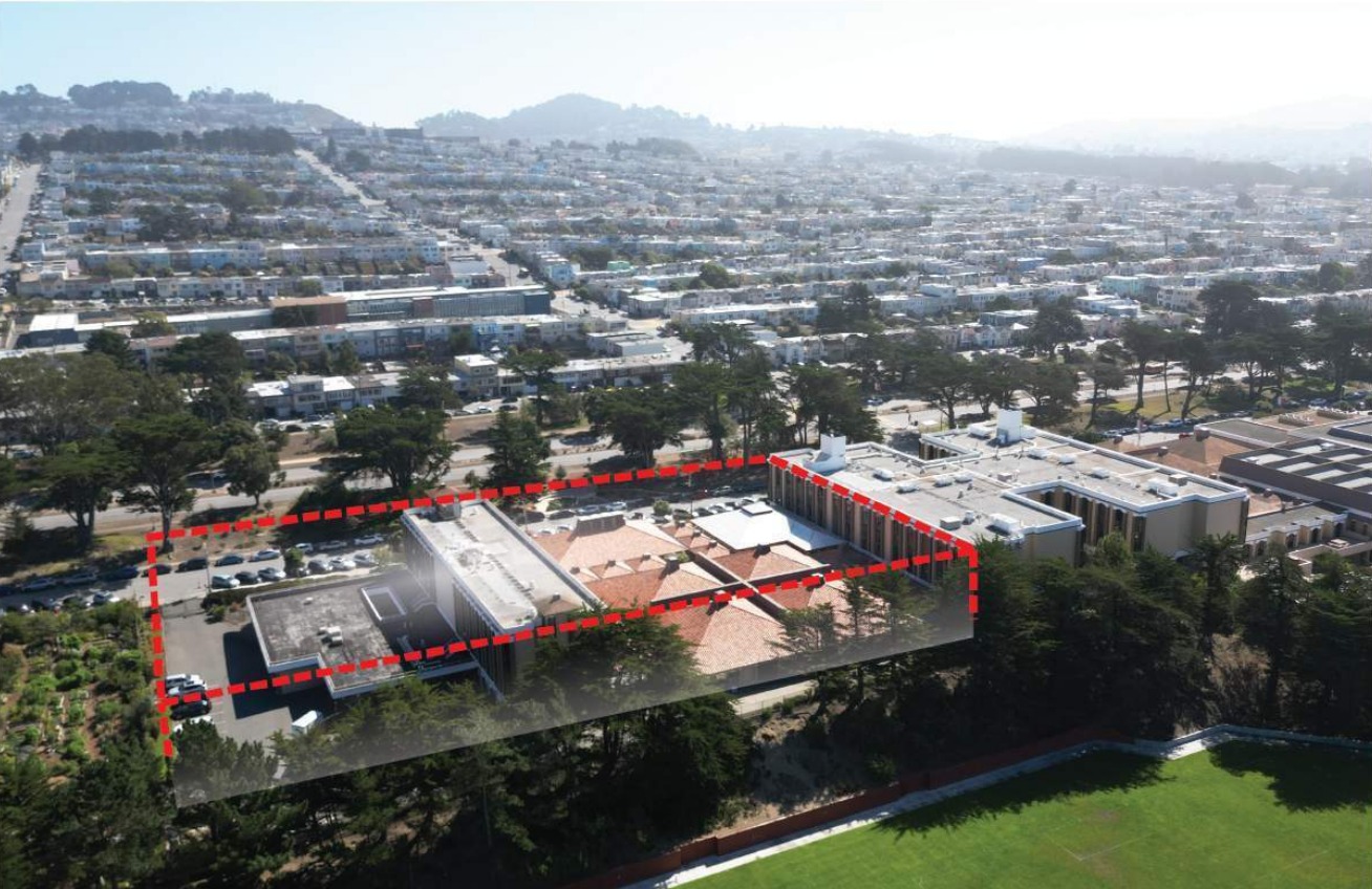 A draft image shared in a San Francisco planning department project application shows a new addition's planned location to the St. Ignatius College Preparatory School as seen looking east-southeast.