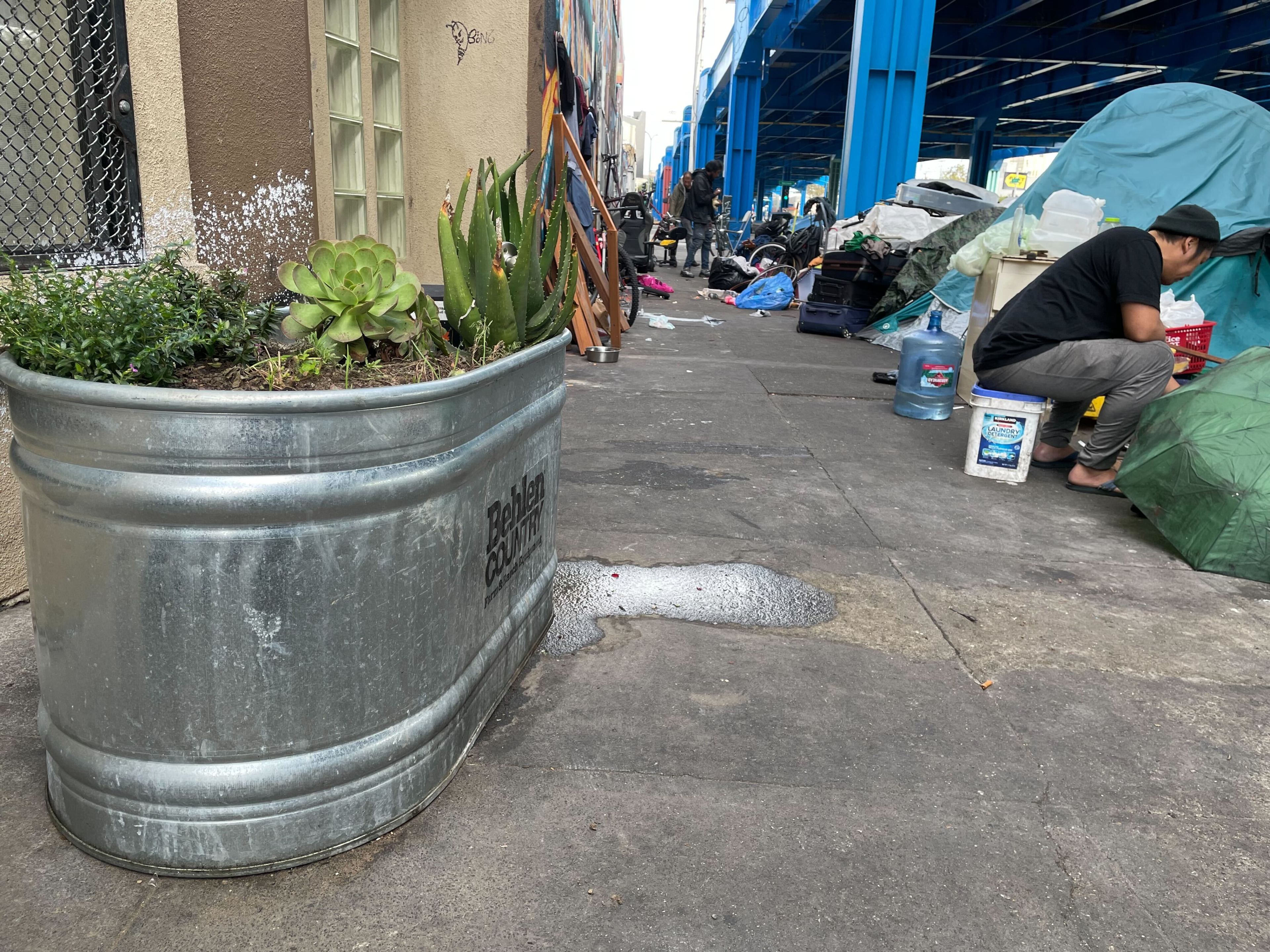 steel drums containing plants are seen on a sidewalk opposite tents