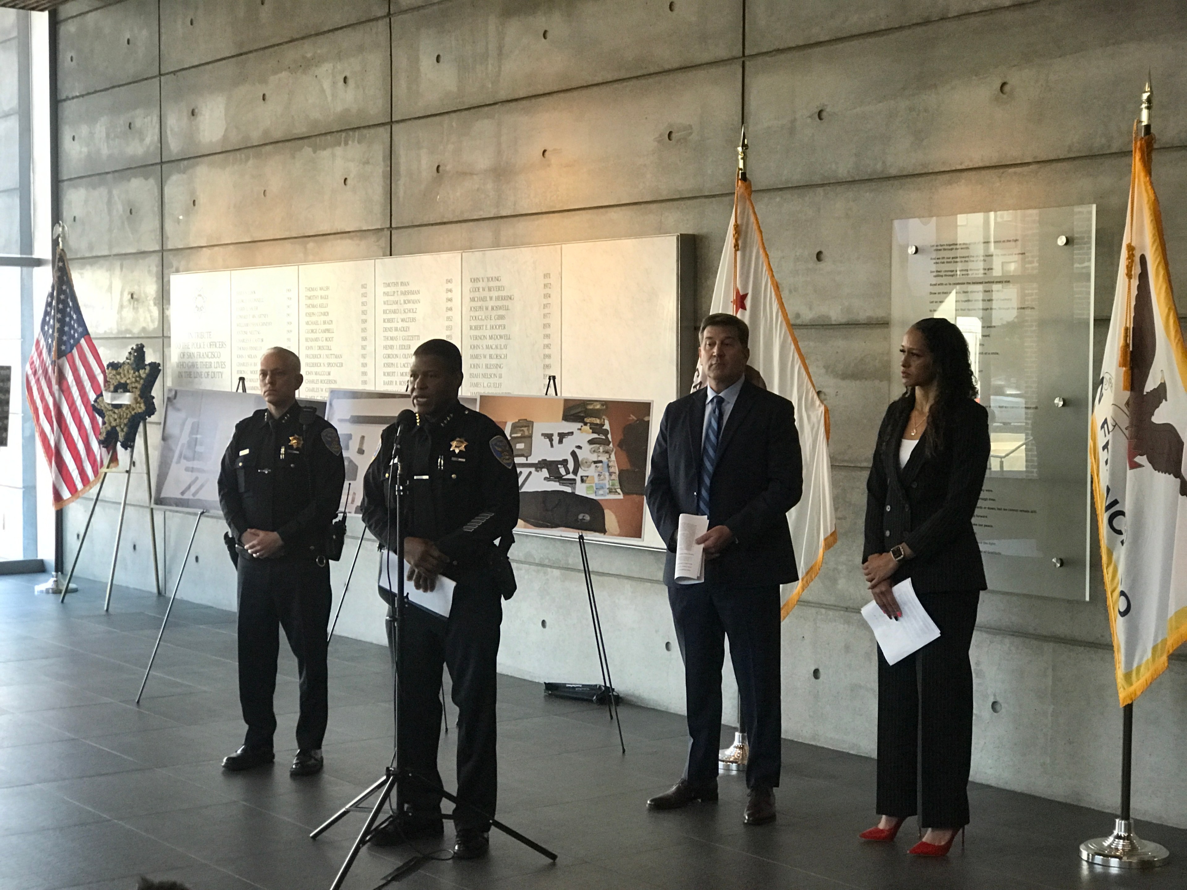 San Francisco Police Chief Bill Scott announces the arrests of suspects Thursday in a Father's Day car-to-car shooting as San Francisco District Attorney Brooke Jenkins looks on.