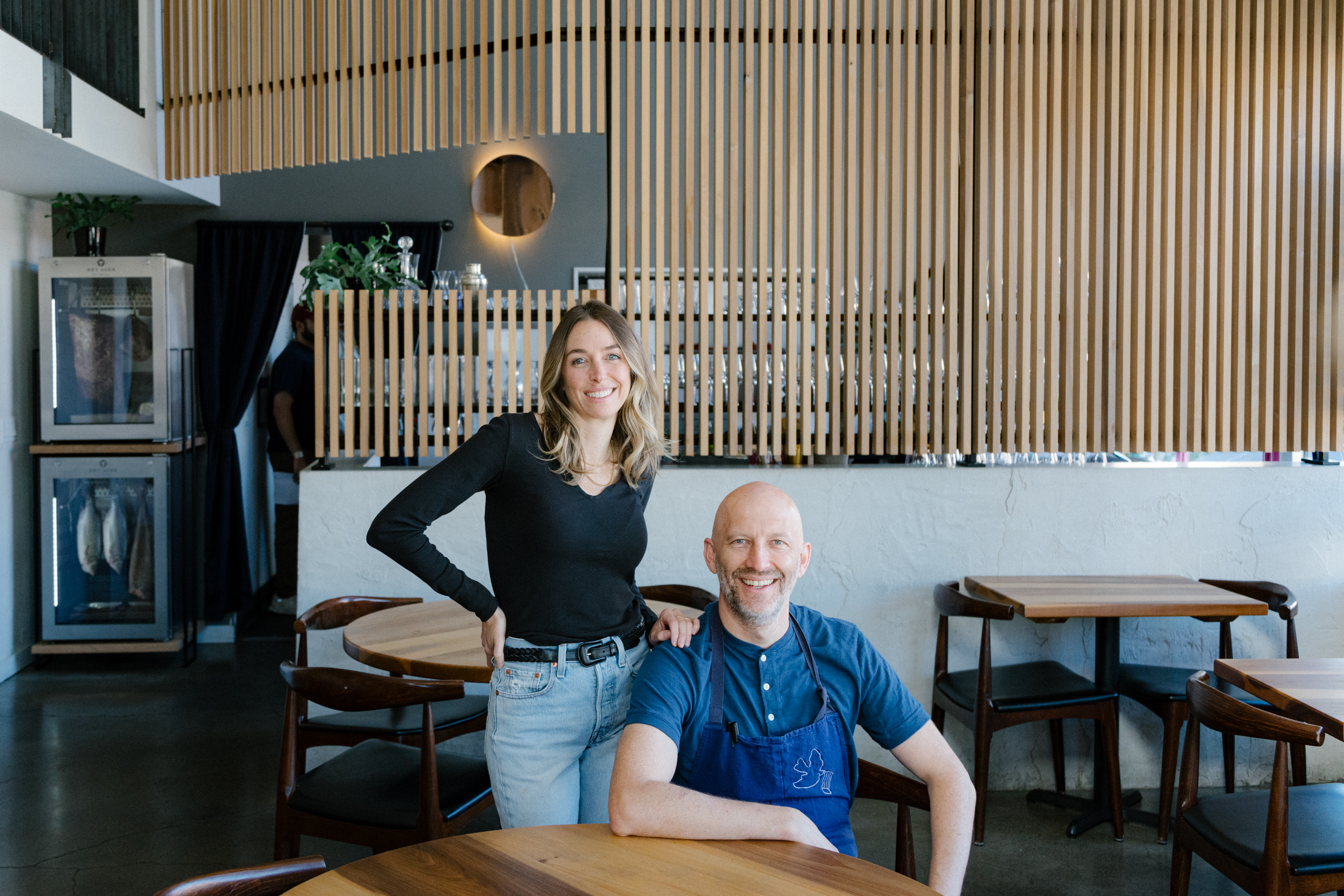 Lord Stanley owners Rupert and Carrie Bleaset pose for a photo in the modern dining room of Asian-inspired French bistro restaurant Lord Stanley in San Francisco, California.