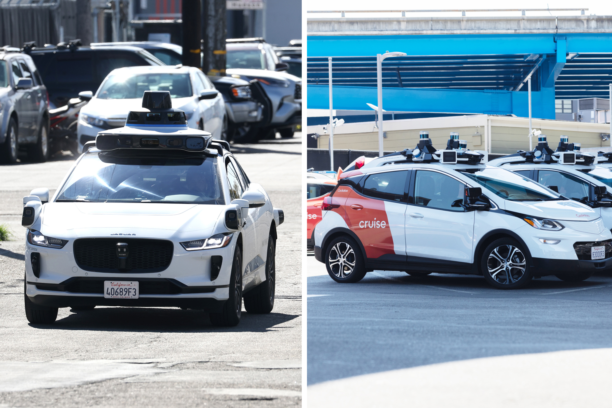 A collage with two driver less cars. On the left is a Waymo and on the right is Cruise. 