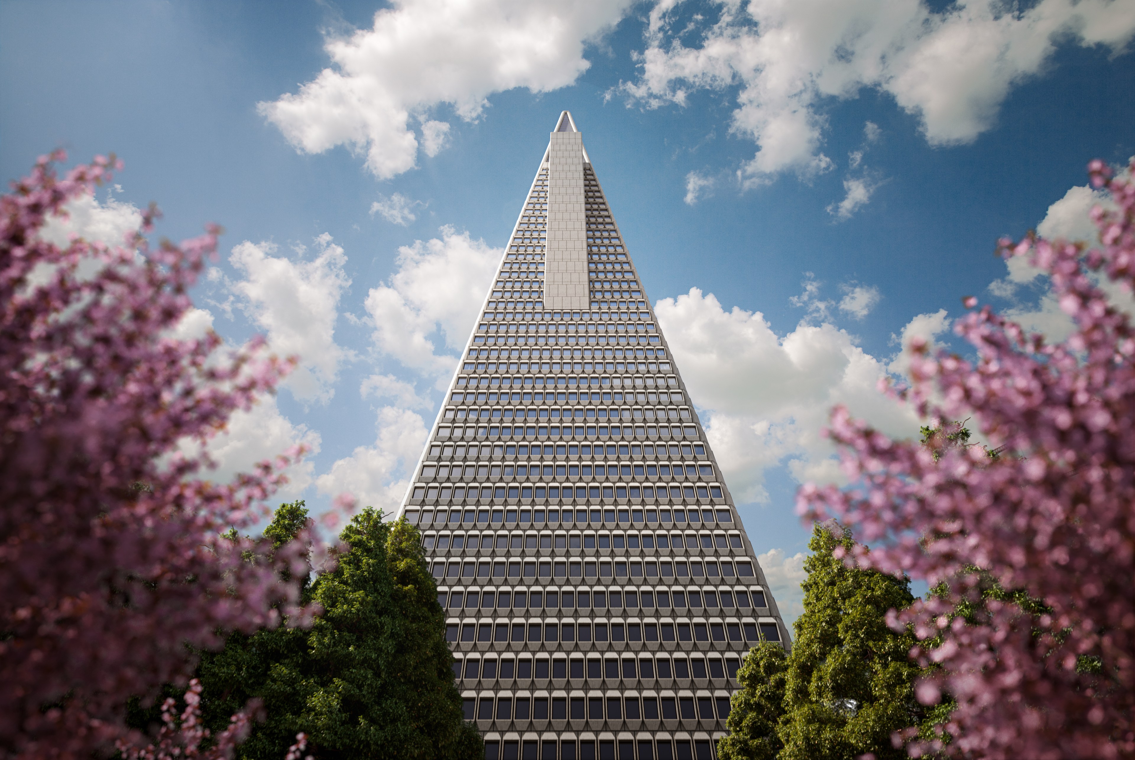 a pyramid skyscraper vanishes to a point amid cumulous clouds with cherry trees blooming at either side of the base