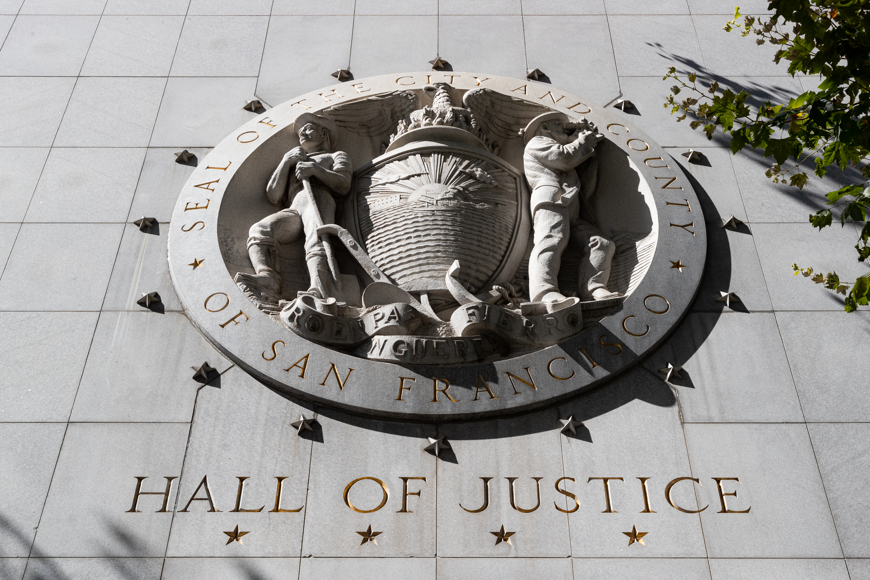 bas relief of Hall of Justice sign