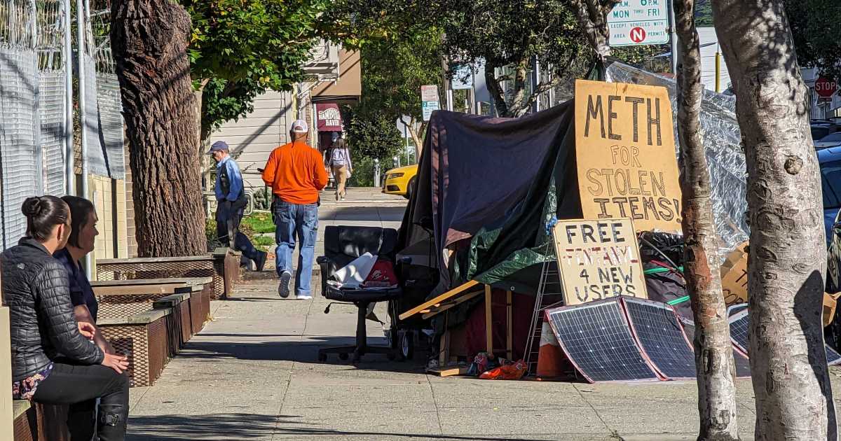 San Francisco Homeless Pedophile Camps by School With Fentanyl Sign