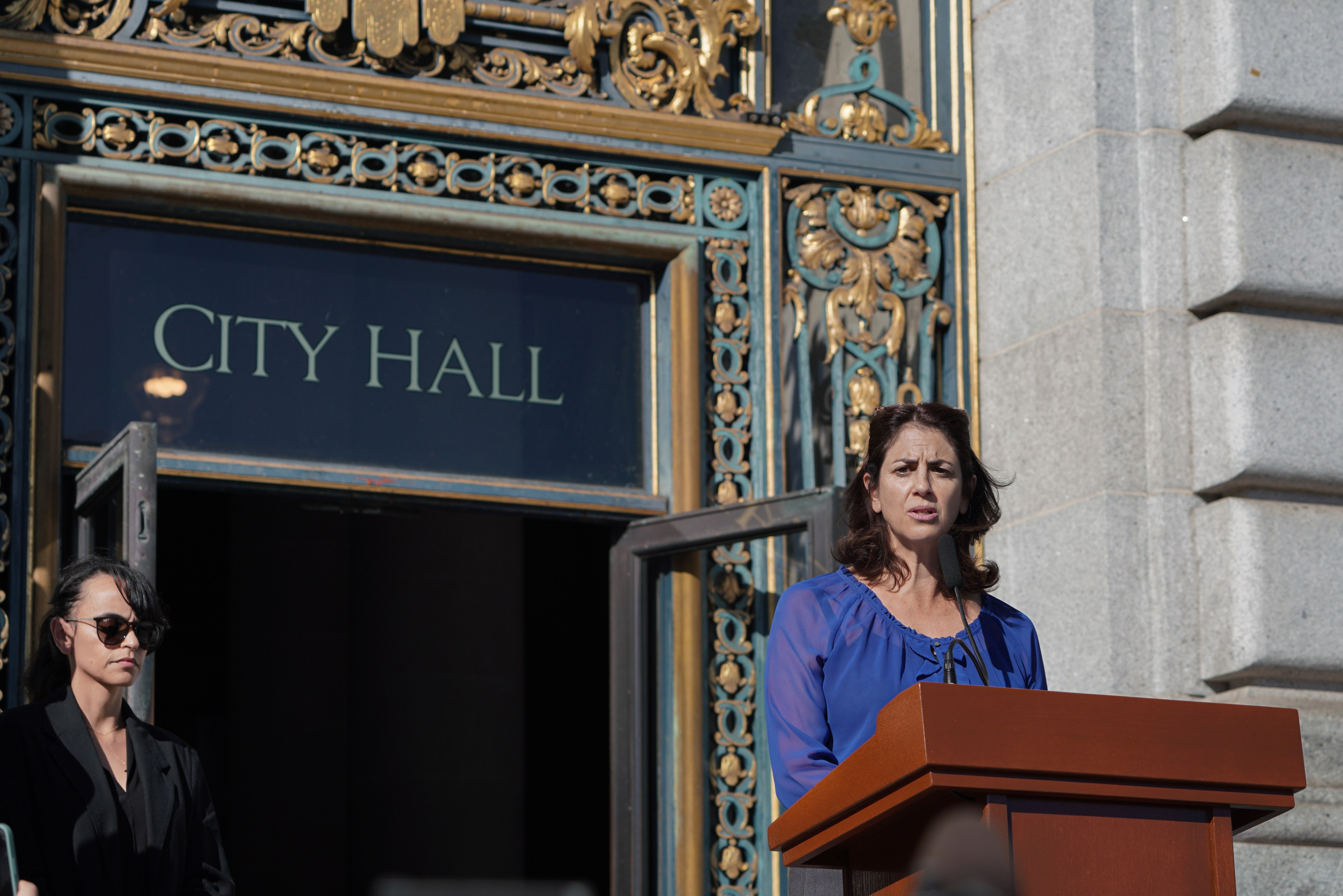 Supervisor Hillary Ronen speaks during a press conference on the steps of City Hall in San Francisco on Wed., Oct. 18, 2023.