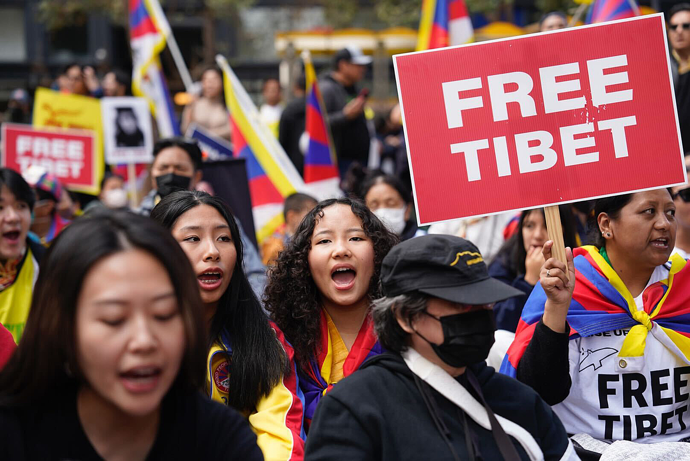 A person holds a sign that reads &quot;FREE TIBET&quot; during a large protest of pro-Tibet demonstrators who are holding Tibetan flags.
