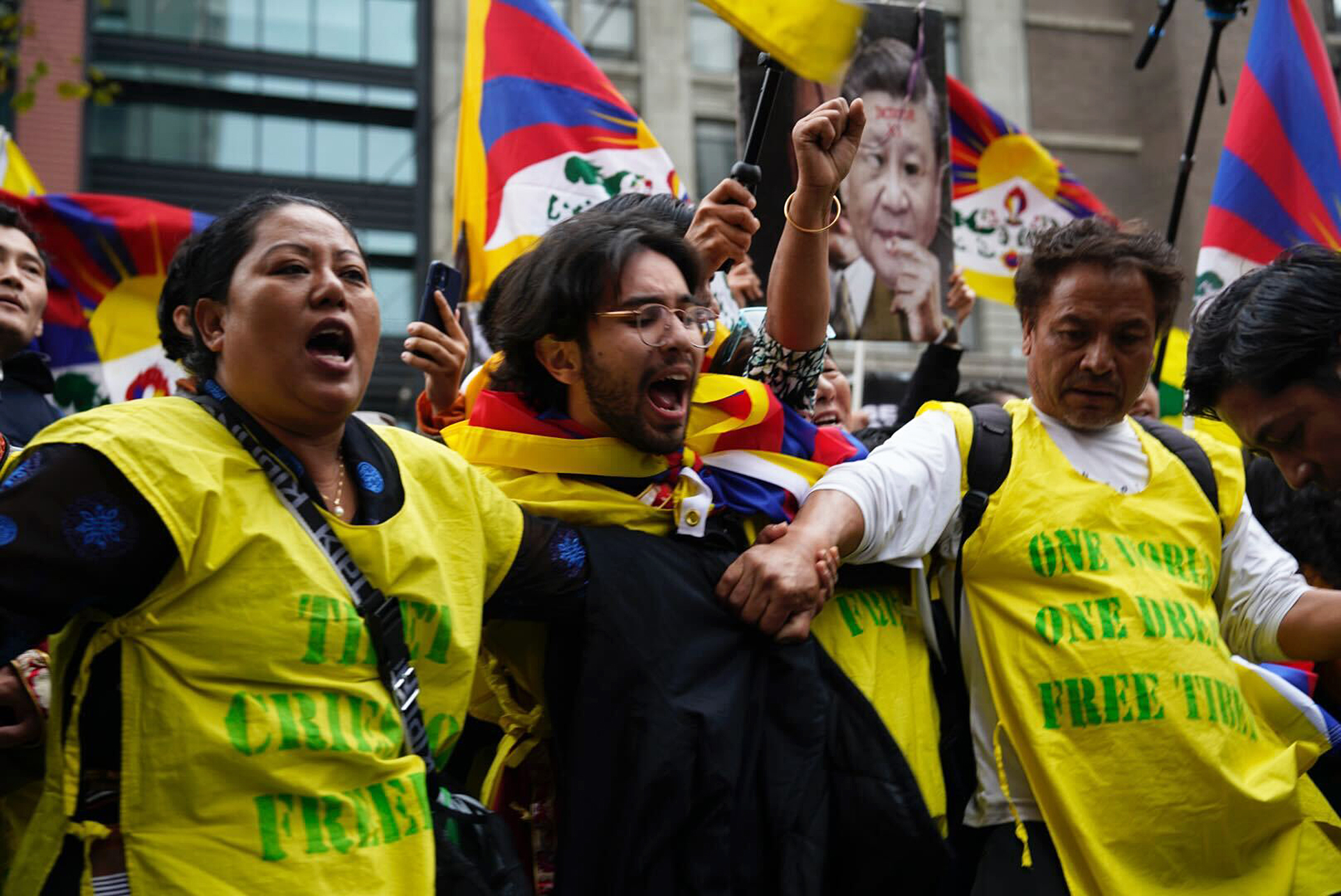 A group of people link arms during a protest with Tibetan flags in the background.
