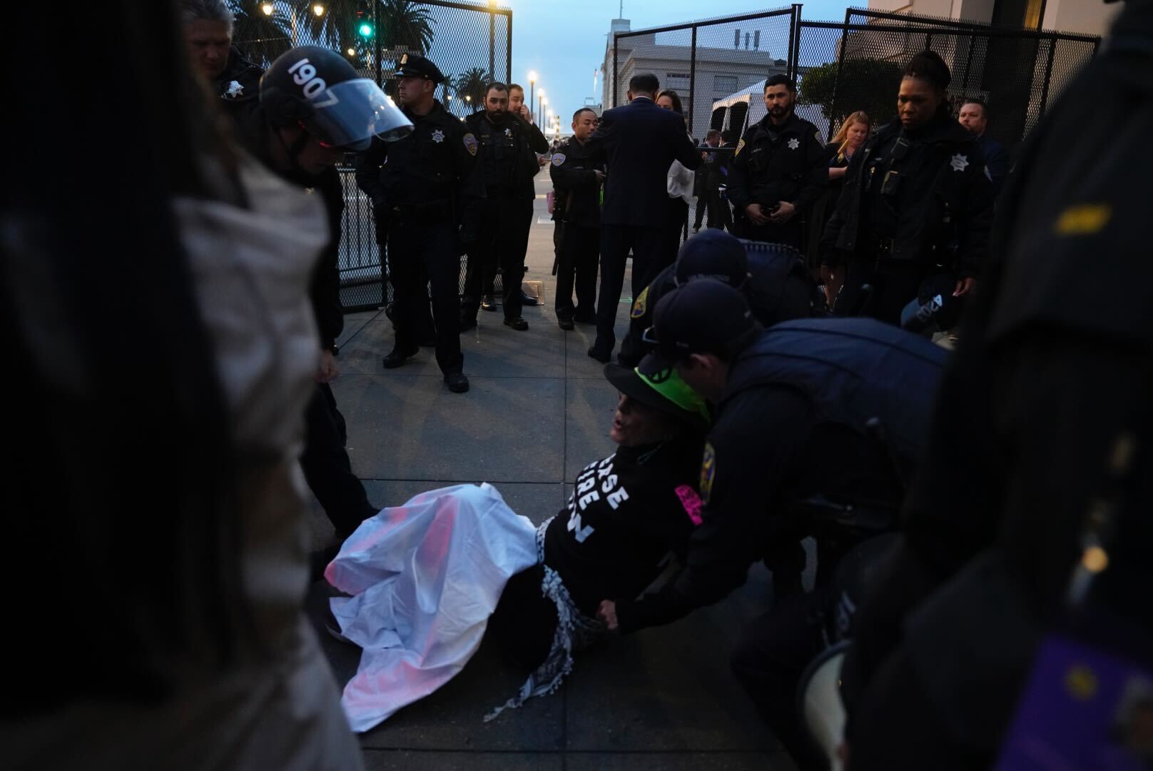 Police restrain a protester on the ground.