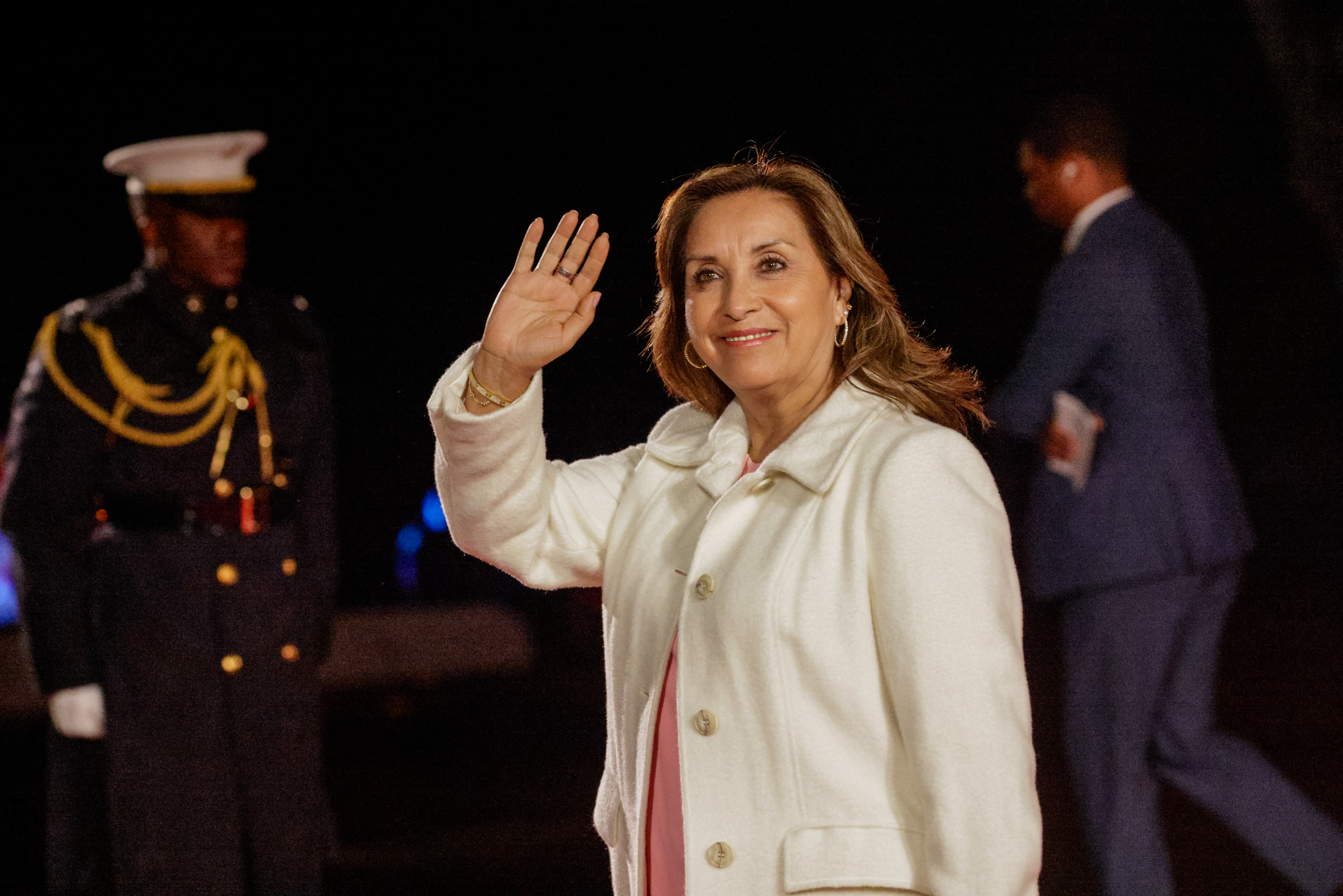President of Peru Dian Boluarte arrives at the Legion of Honor for a dinner during APEC week. 