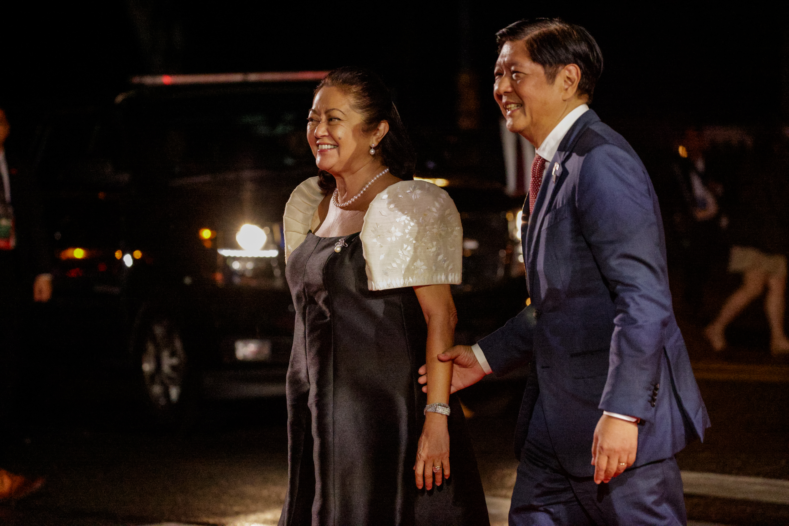 First Lady of the Philippines, Louise Marcos, right, and President of the Philippines Bongbong Marcos, left, arrives for a dinner with other world leaders at Legion of Honor. 