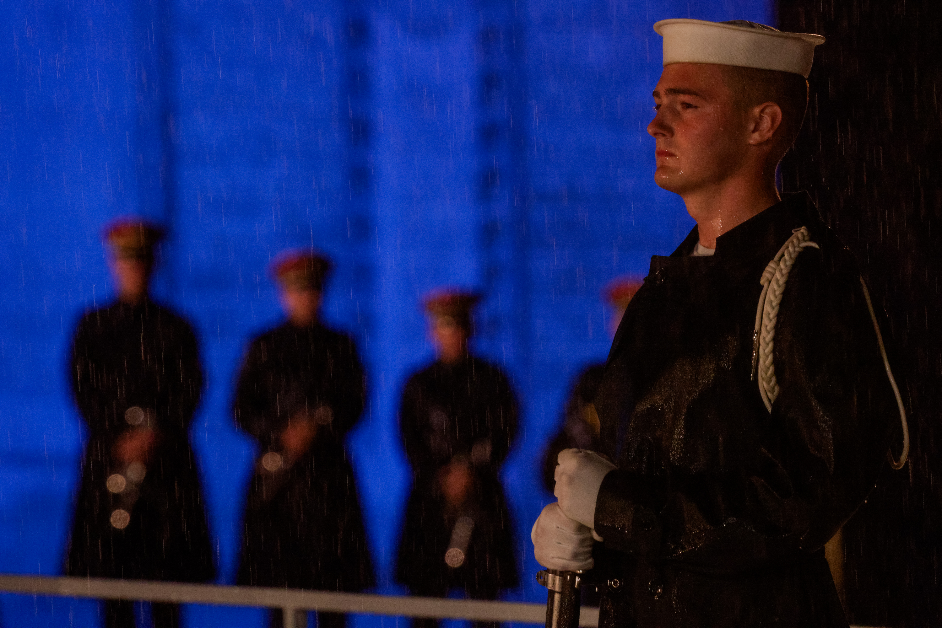 U.S. military servicemen stand guard as world leaders gather at Legion of Honor for a dinner of world leaders. 