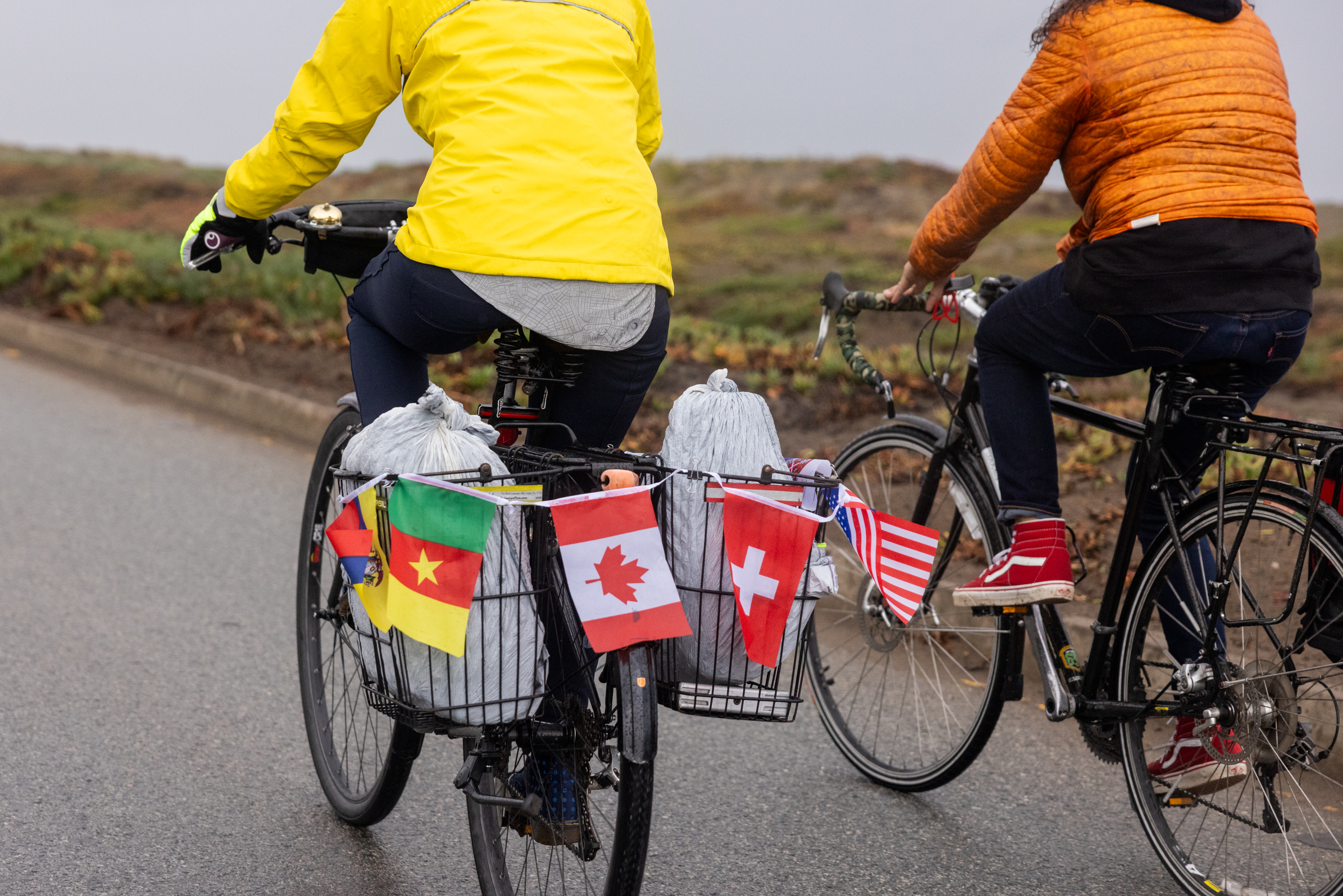 Flags from Cameroon, Canada, Switzerland, and American flag hang on the back of a bicycles carriage in the rain.