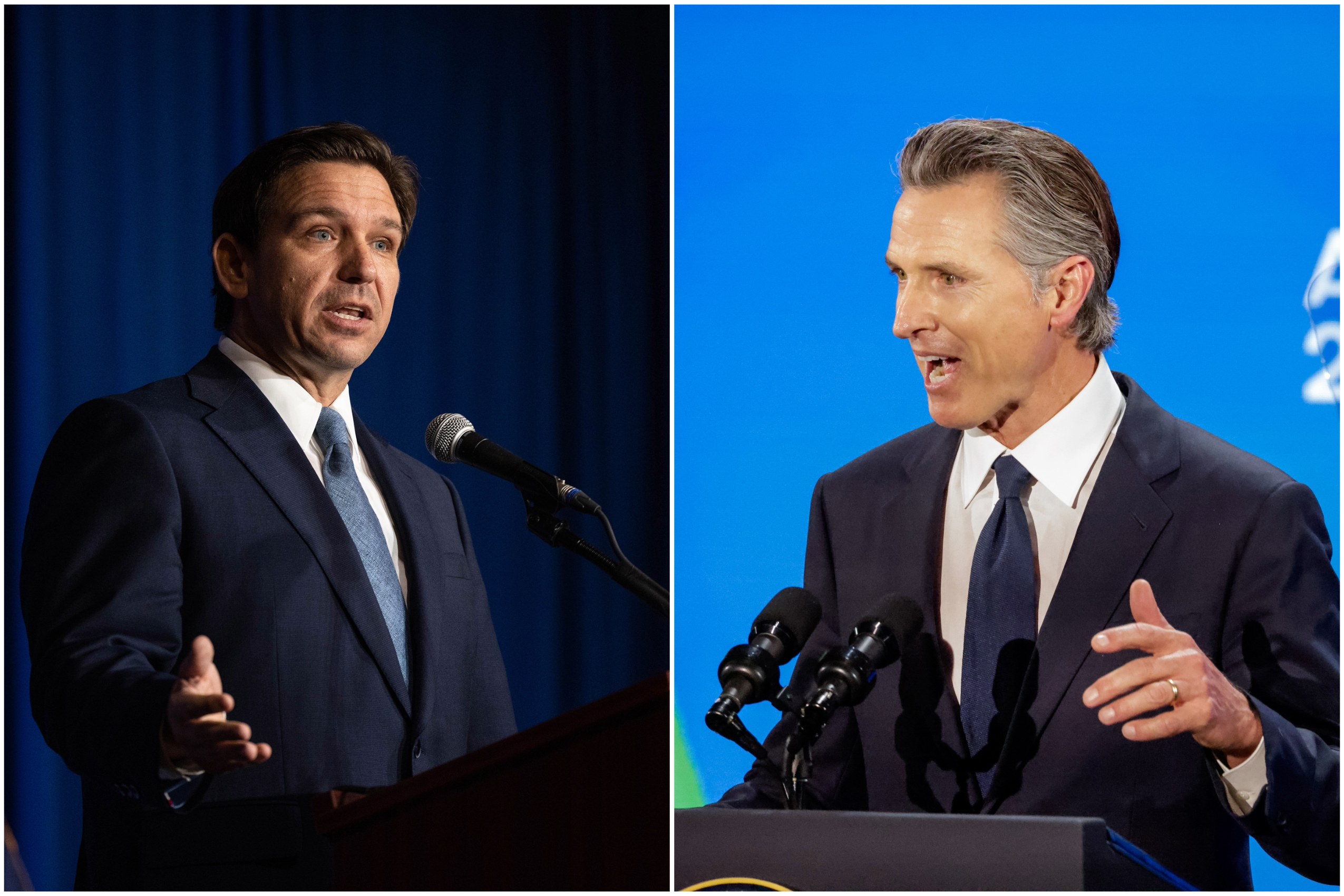 A composite image of Florida Gov. Ron DeSantis, left, and Gov. Gavin Newson, right wearing suits and speaking on a podium.