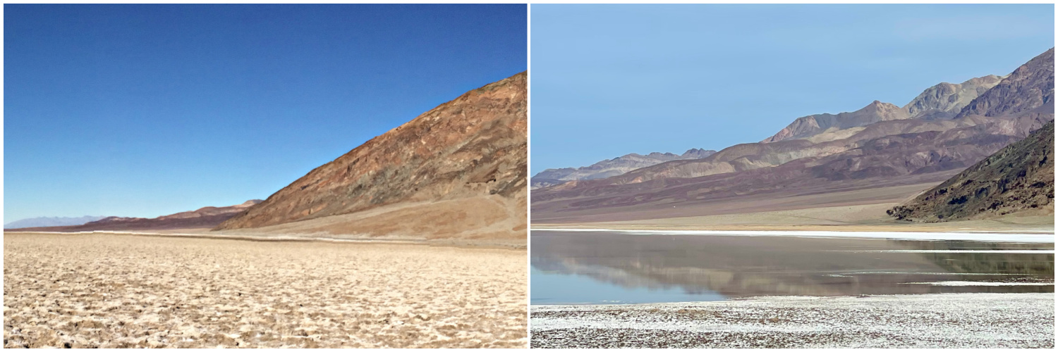 Two side-by-side images show the same desert, but in the left image, the landscape is dry and in the right image, there's a lake.