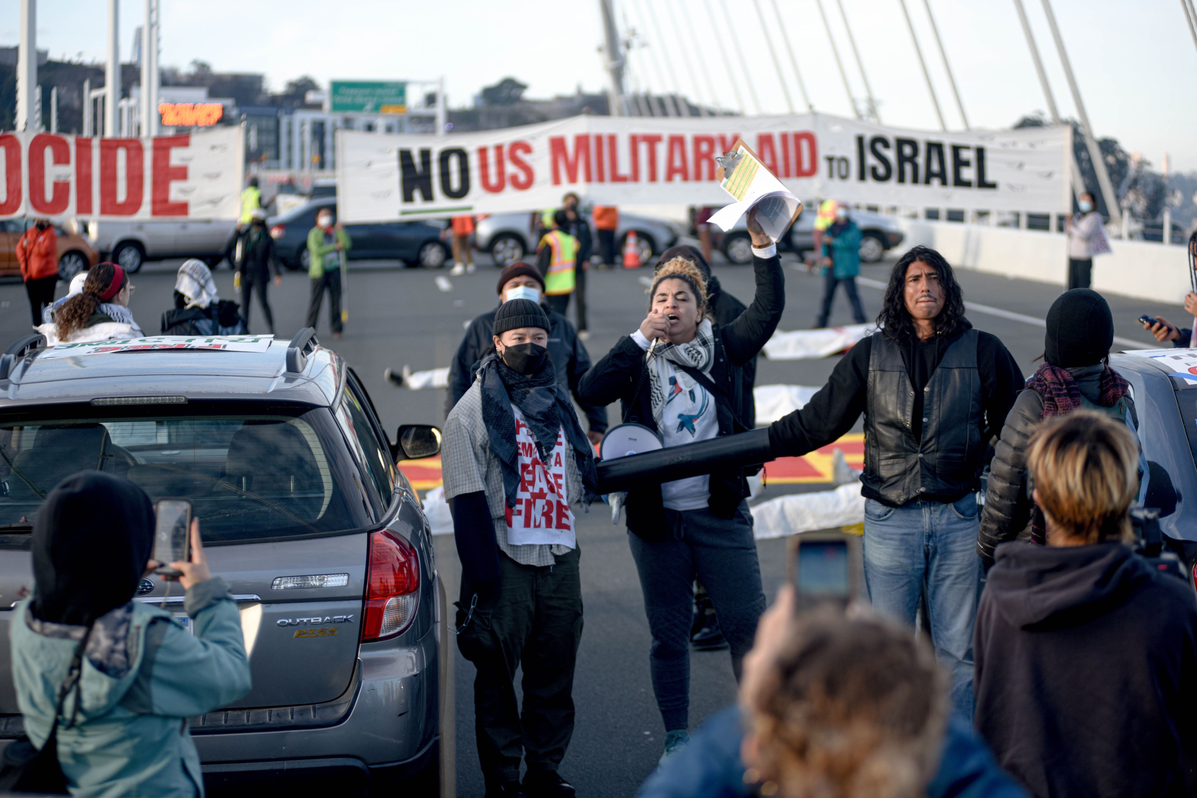 Protestors using a caravan of vehicles, stopped traffic on the Bay Bridge while calling for a ceasefire in Gaza on Nov. 16, 2023.
