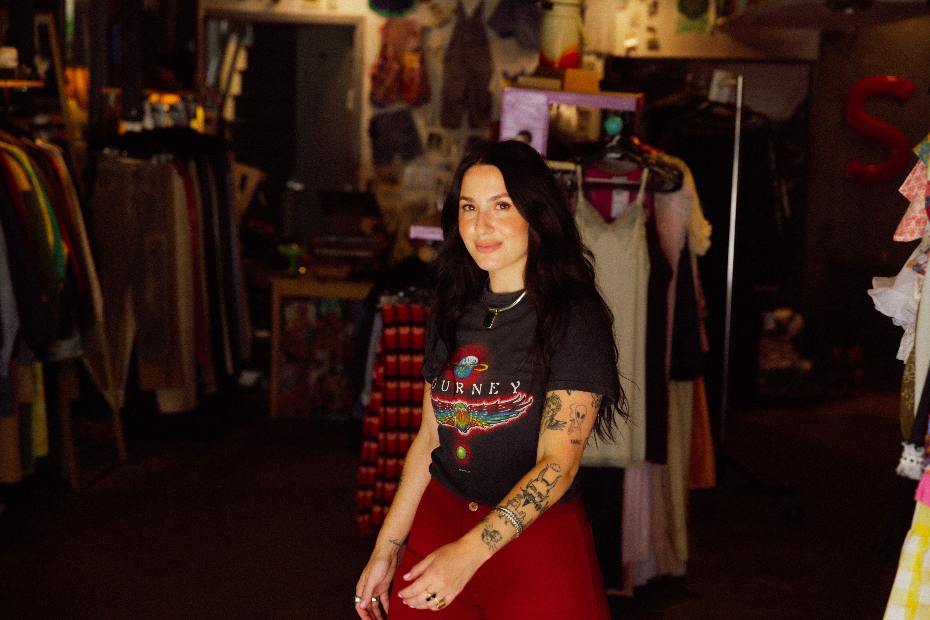 Sivan Peleg stands in front of her pop-up fashion boutique Sensitive Vintage, which is housed in a converted garage in the Mission District of San Francisco, California.