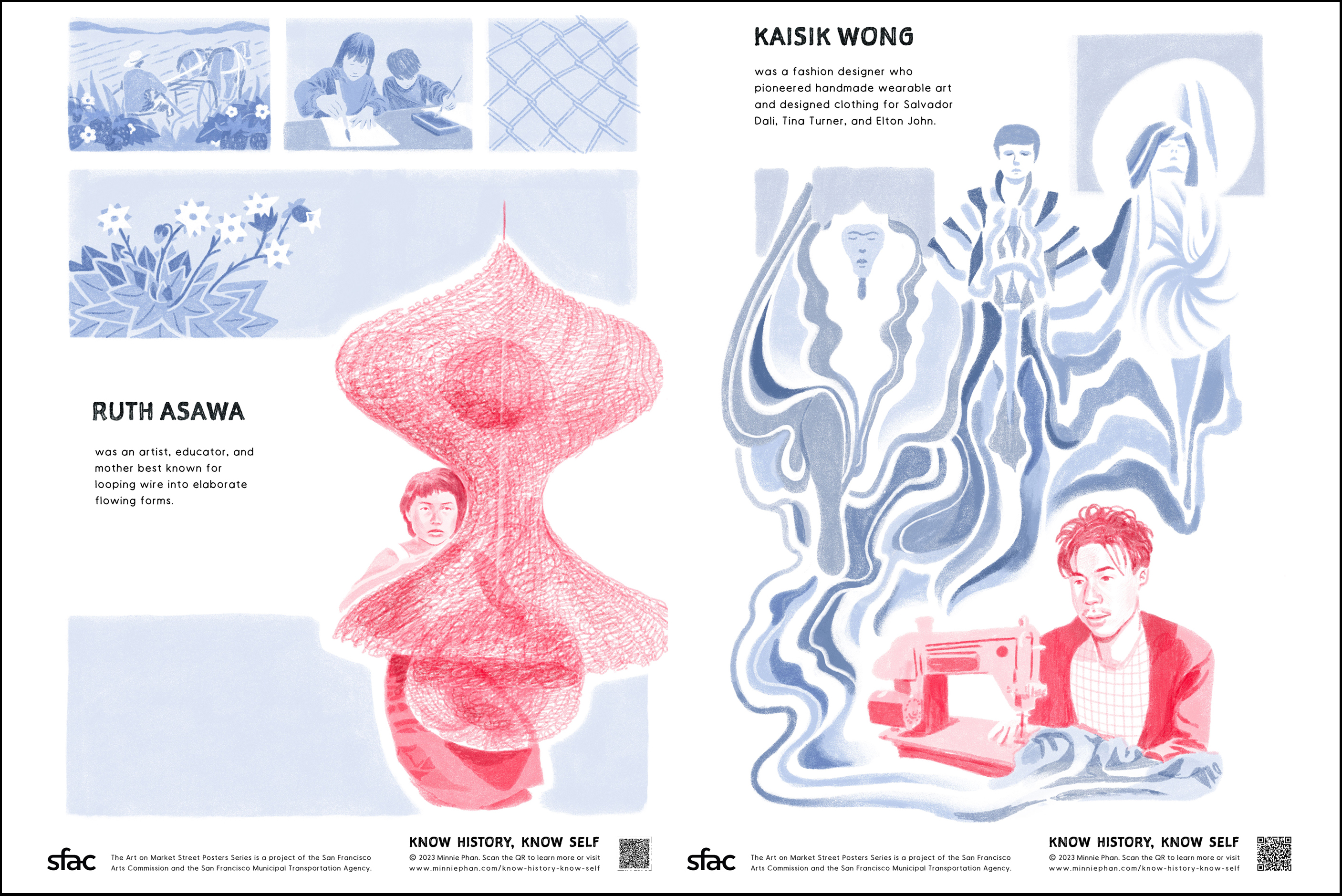 A composite image of two posters that are featured in the “Art on Market Street” series that include comics of visual artist Ruth Asawa standing behind one of her wires structures, left, and fashion designer Kaisik Wong sitting behind his sewing machine, right.