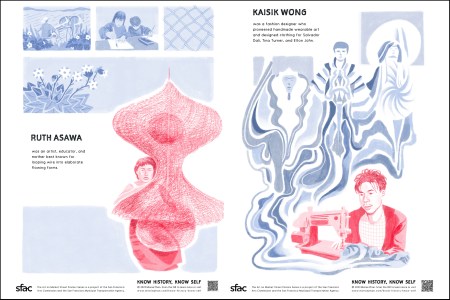 A composite image of two posters that are featured in the “Art on Market Street” series that include comics of visual artist Ruth Asawa standing behind one of her wires structures, left, and fashion designer Kaisik Wong sitting behind his sewing machine, right.