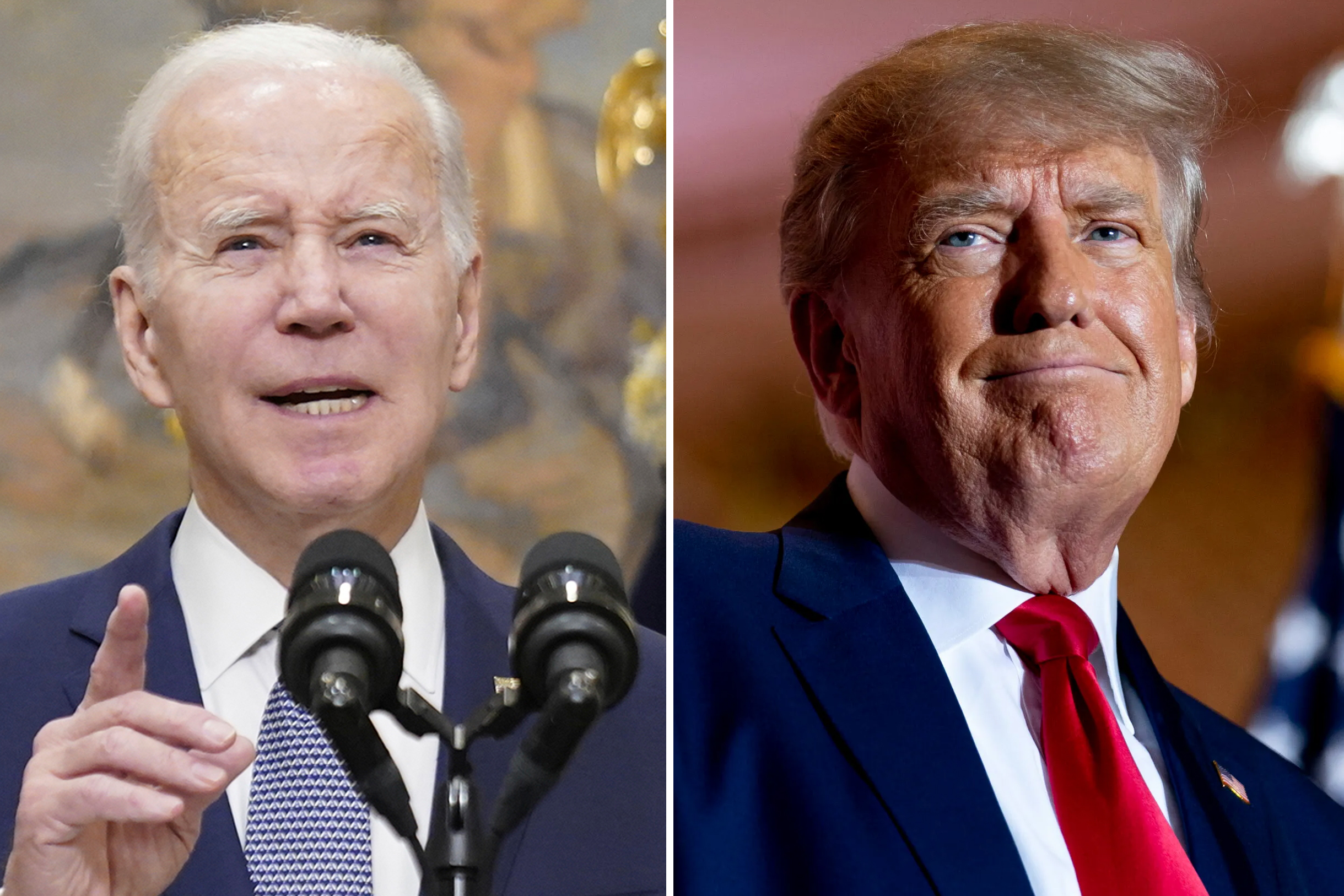 a side by side of President Joe Biden, left, and Donald Trump, right.