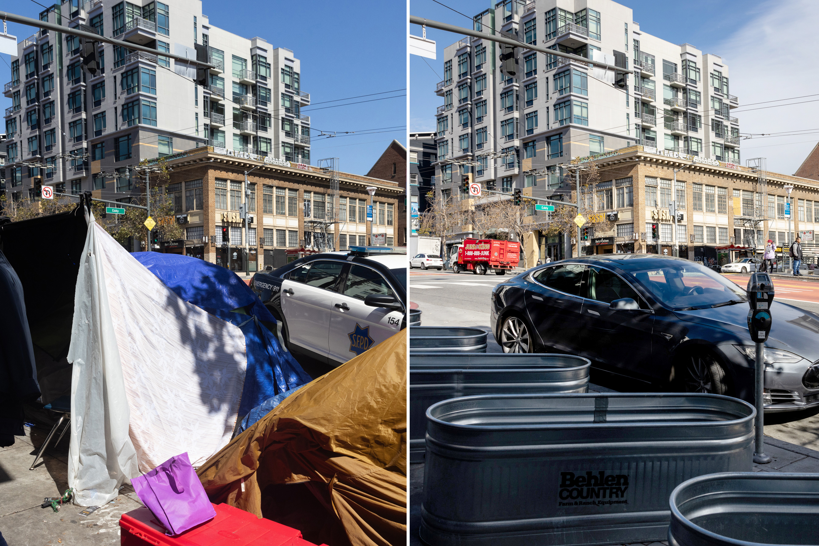 A side by side photo with of a SFPD vehicle parked next to a homeless encampment on a sidewalk in San Francisco with tall buildings in the background on the right and the same location with oblong planter boxes installed to discourage encampments.