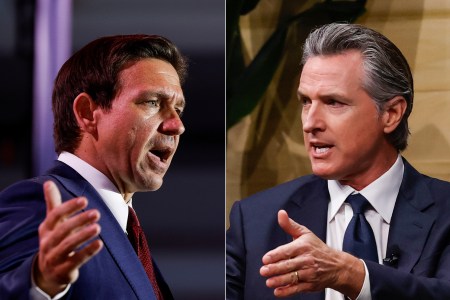 A side by side composite image of Republican presidential candidate and Florida Governor Ron DeSantis gesticulating in the direction of California Governor Gavin Newsom who is gesticulating in the direction of Ron DeSantis.