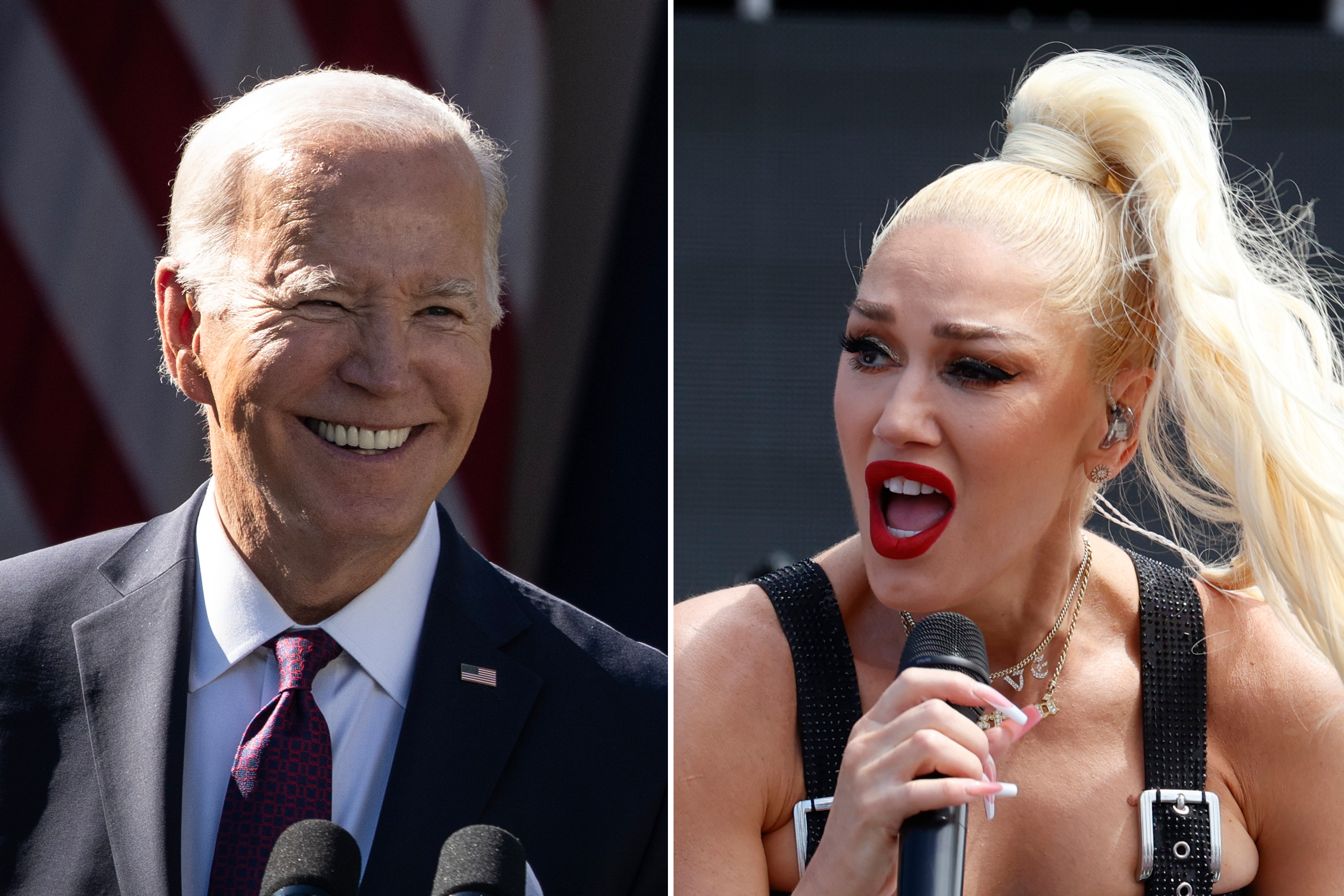 A tight photos of a smiling President Joe Biden next to a photos of performer Gwen Stefani singing with a microphone in her hand