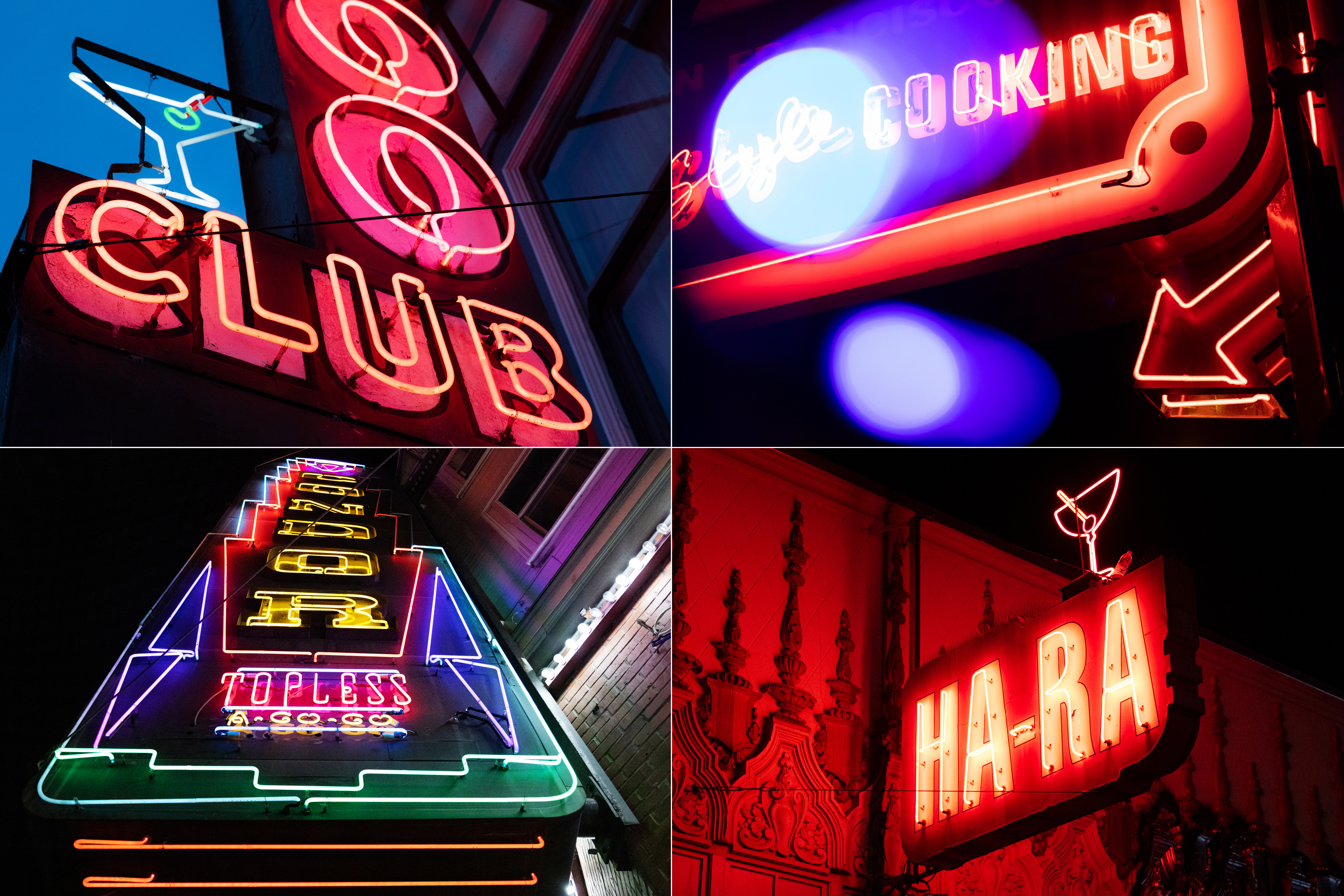 A grid of 4 pictures of neon signage of a neon sign that reads Club with a detail of a cocktail, an arrow with thre words "COOKING", the words "HA-RA" with a cocktail above it and the works "TOPLESS A GO GO" and "CONDOR" on a tall neon sign.