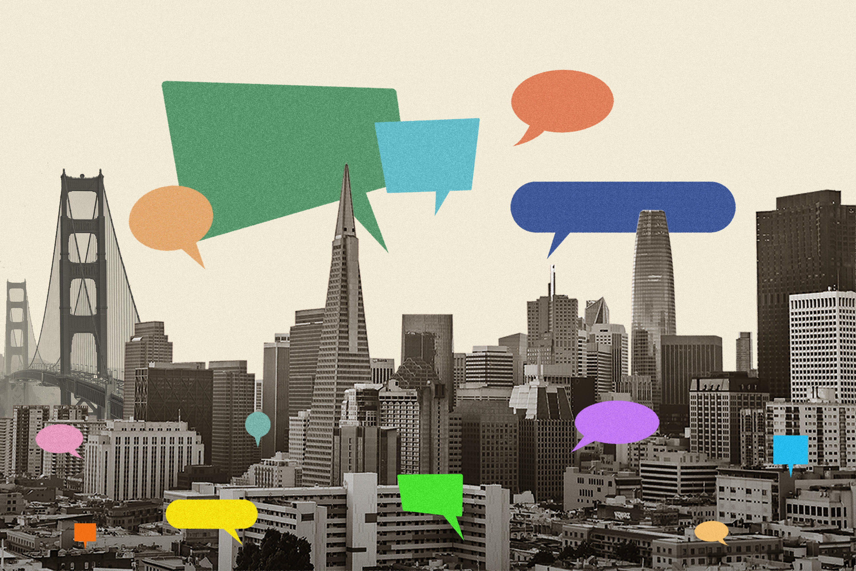 A illustration that includes a range of colorful speech bubbles in different sizes overlayed on a black and white photo of San Francisco skyline that includes the Transamerica Pyramid, Golden Gate Bridge and Salesforce Tower