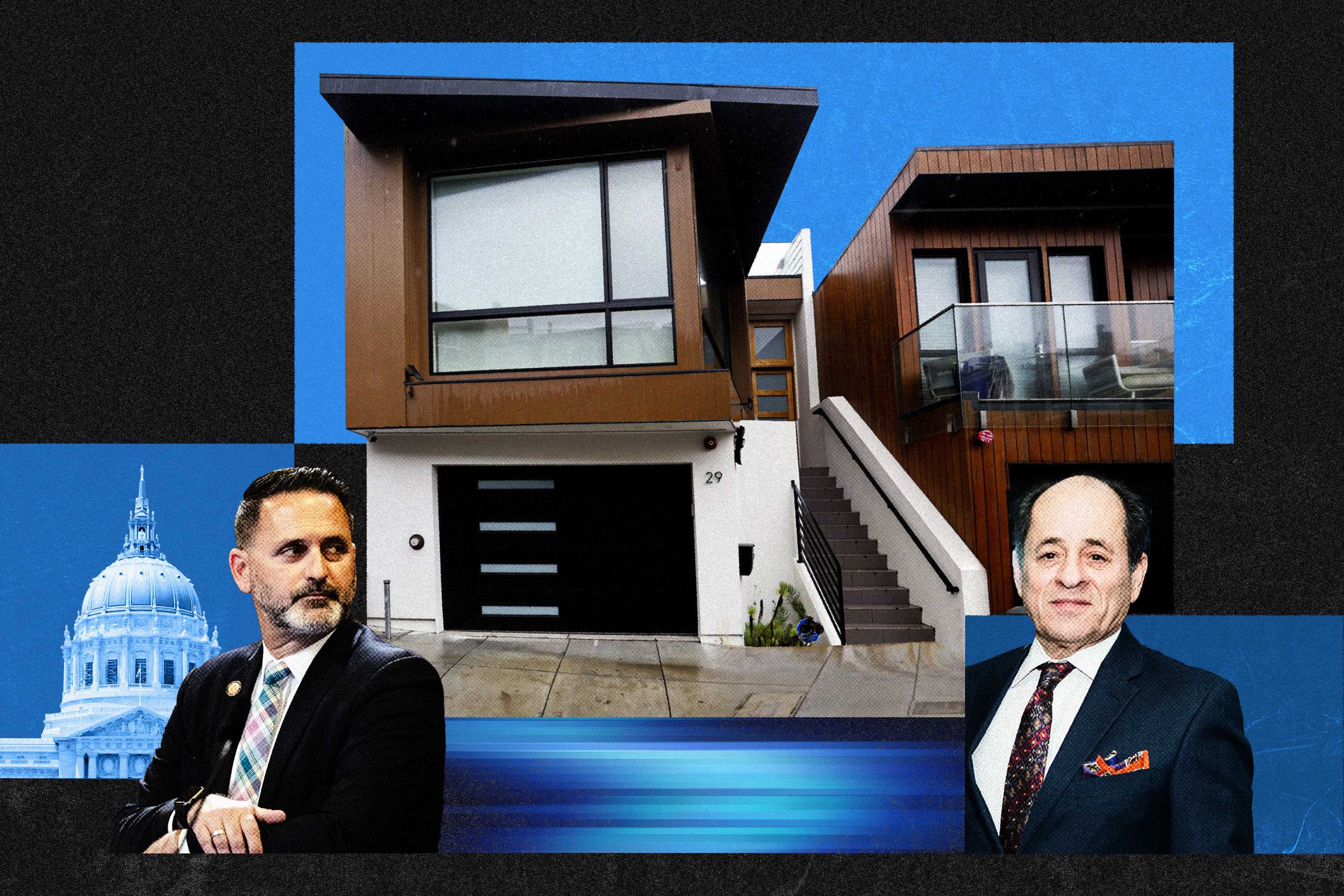 An illustration of blue square and a black background of of San Francisco City Supervisor Ahsha Safaí in the bottom left corner and developer Sia Tahbazof in the bottom right and a modern looking property in the background.