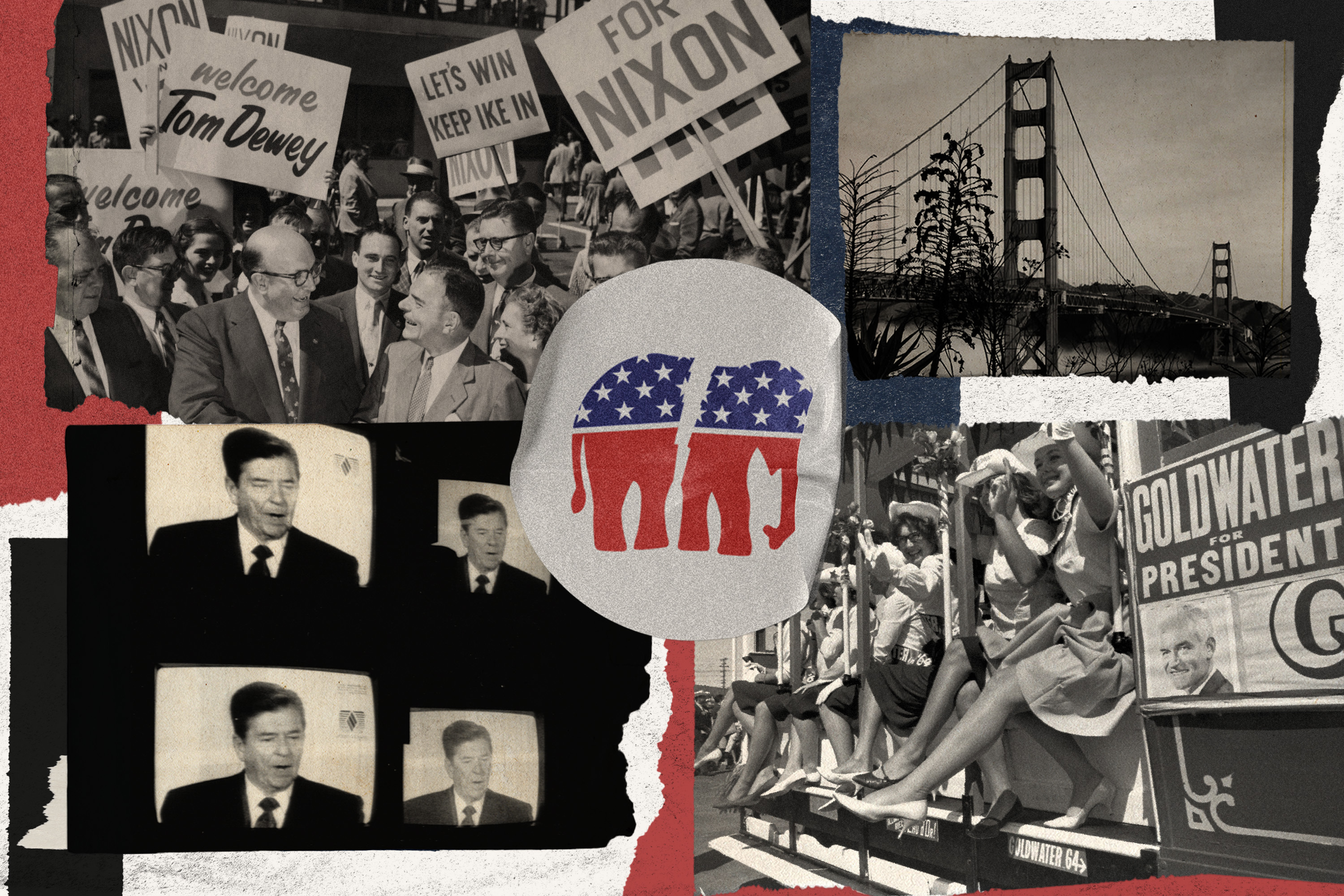 An illustration featuring a variety of archival photos of GOP faces including Barry Goldwater, Ronald Reagan and the GOP elephant.