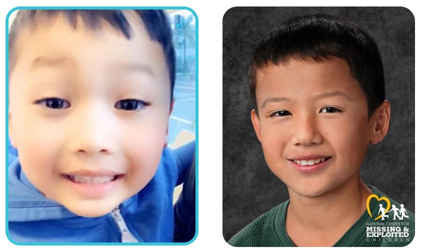 A close-up picture of a biracial Asian/Latino boy wearing a blue zip-up hooded sweatshirt outdoors, alongside an aged-up image of the same boy against a dark gray background, smiling and wearing a green shirt.