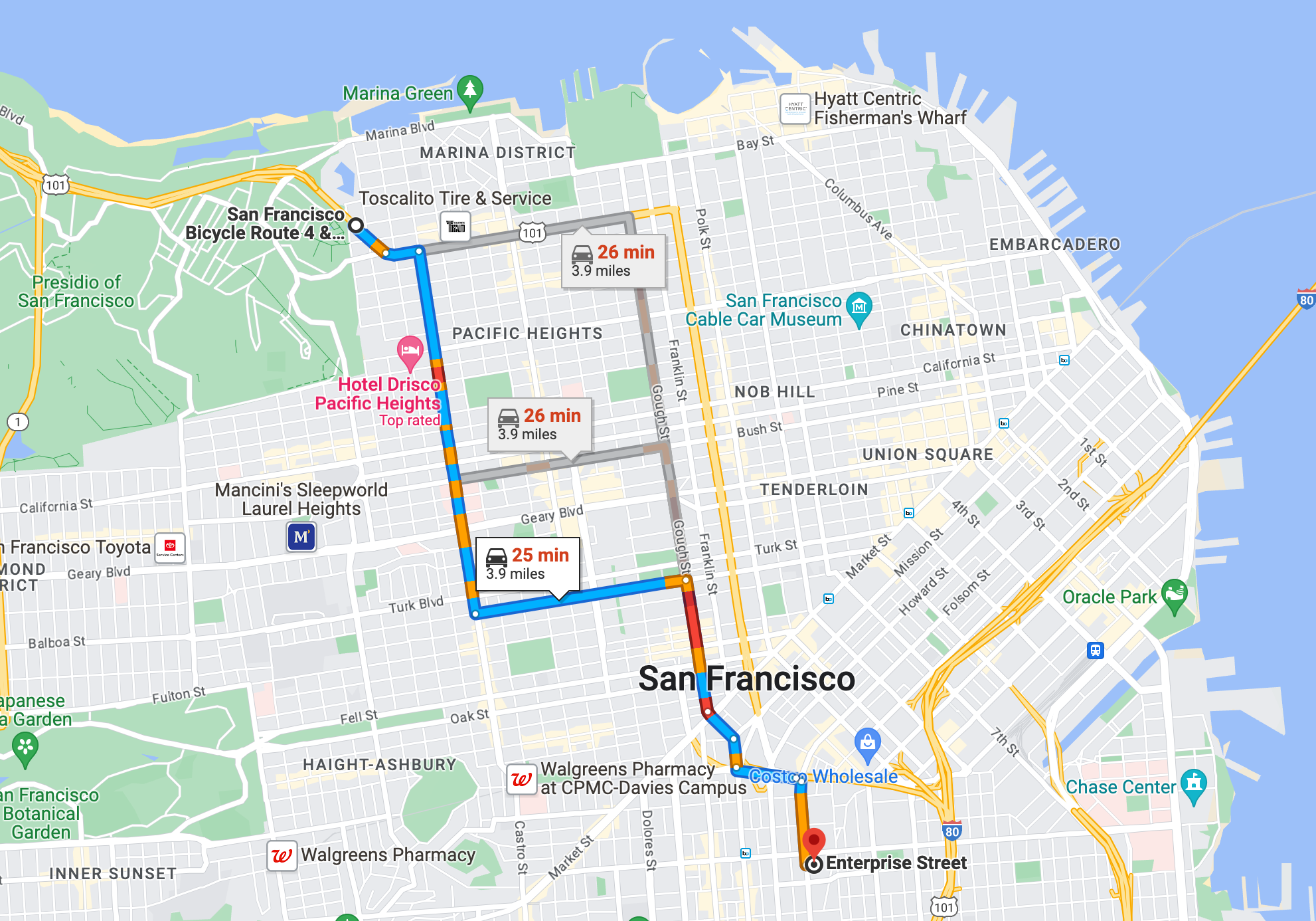 a screenshot of google maps shows a route across san francisco 