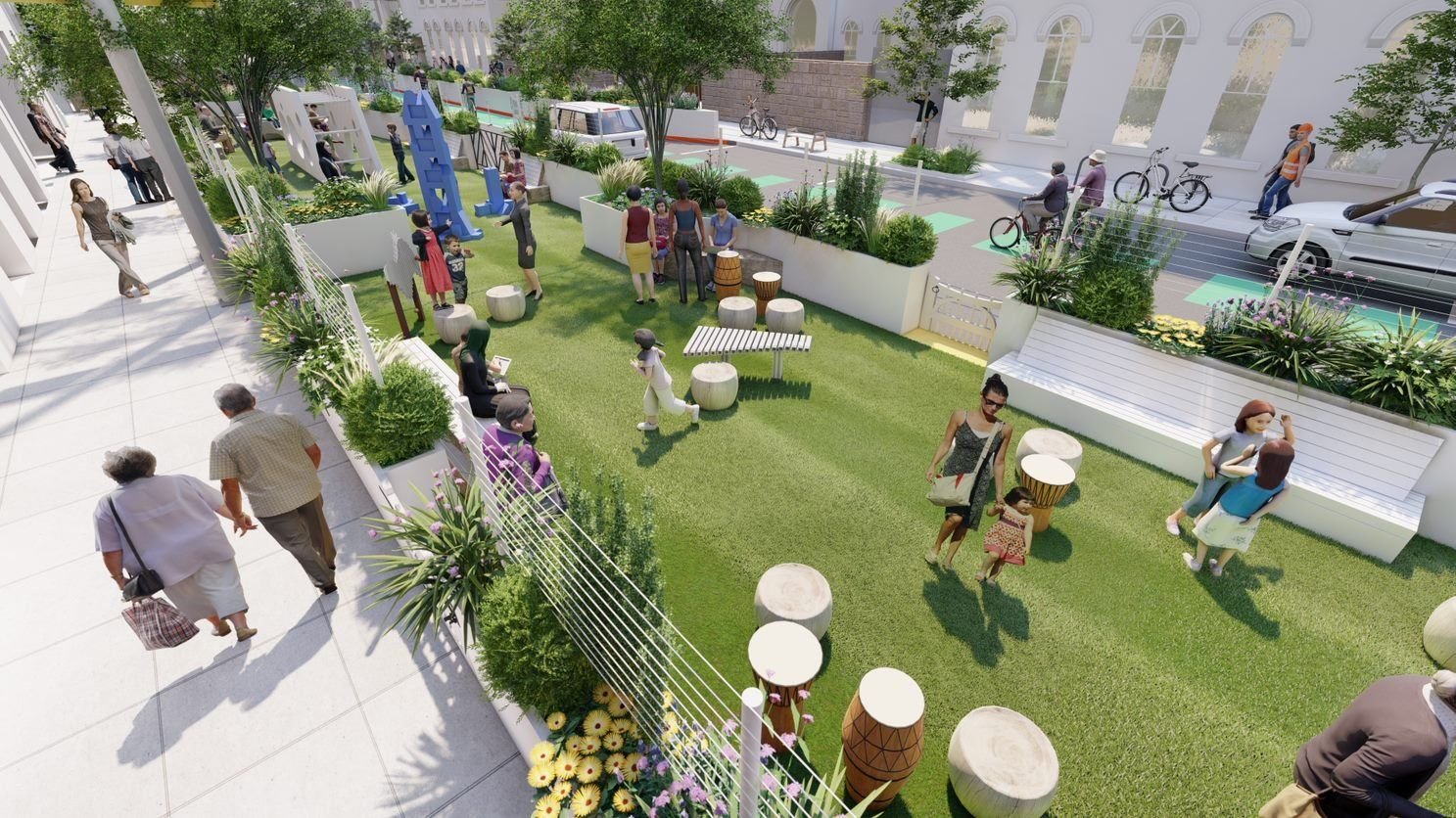 Viewed from above eye level, a rendering of a future pedestrian plaza shows grass, landscaping and people on a busy city street.