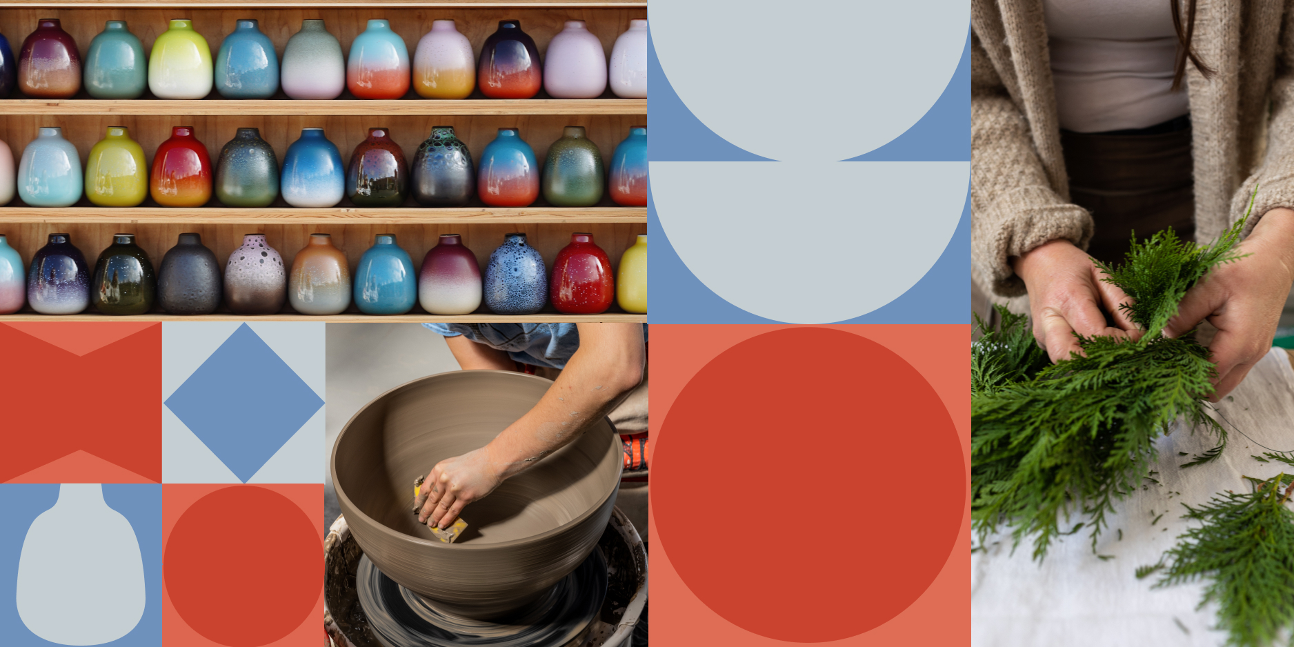 A visual that includes a person's hands making a clay pot, three shelves of colorful vases and graphic colored circles.