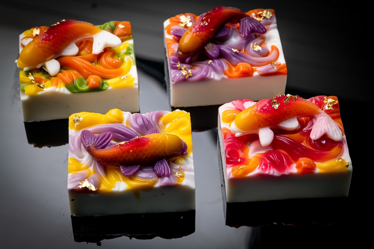 Ornamental koi fish top a square gourmet dog pastry cake.