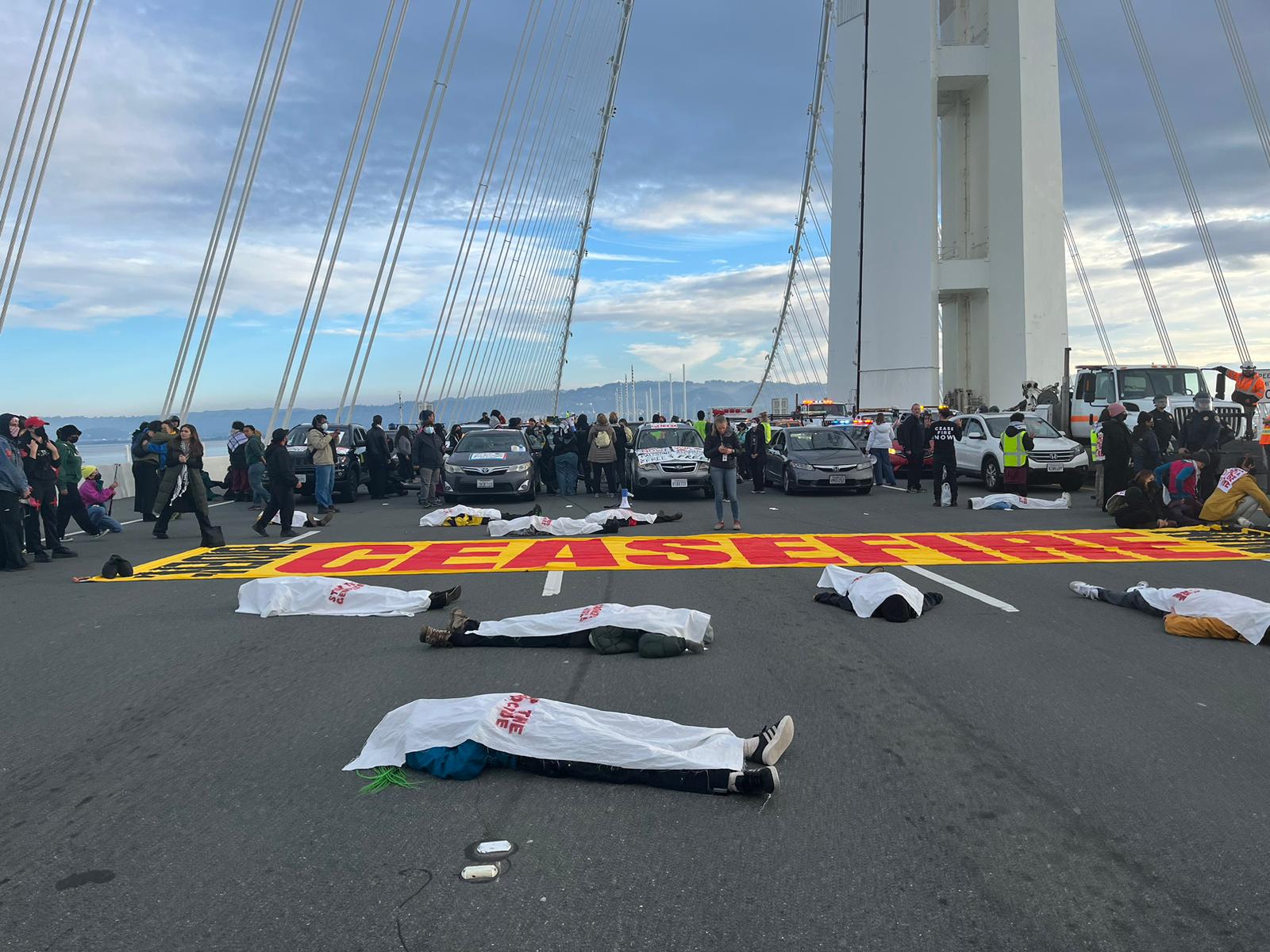 Protestors blocked the Bay Bridge for hours Thursday morning to demand a ceasefire in the Israel-Hamas war.