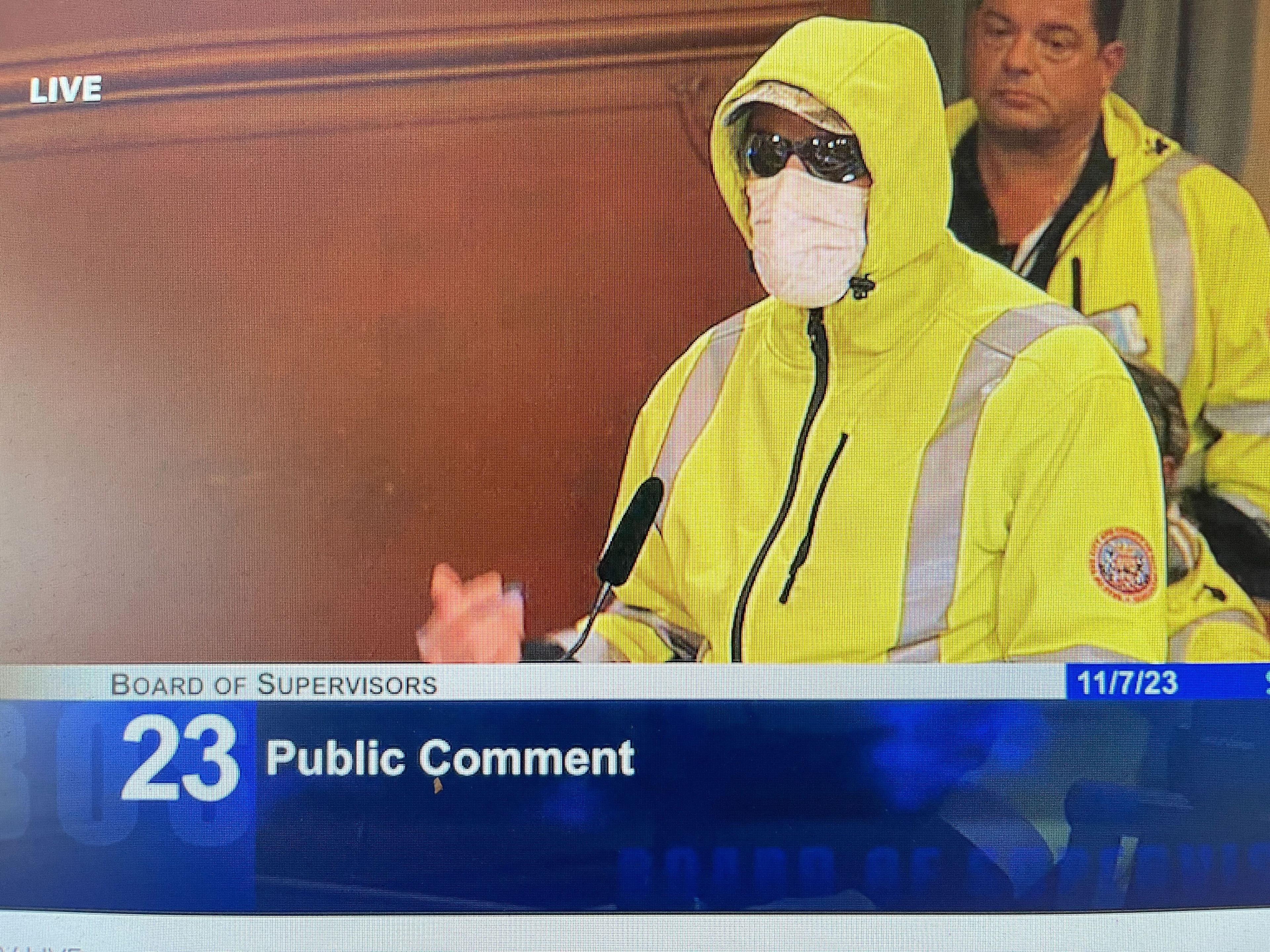 An anonymous San Francisco Department of Public Works employee testifies at the Nov.7 Board of Supervisors meeting. Courtesy SFGovTV