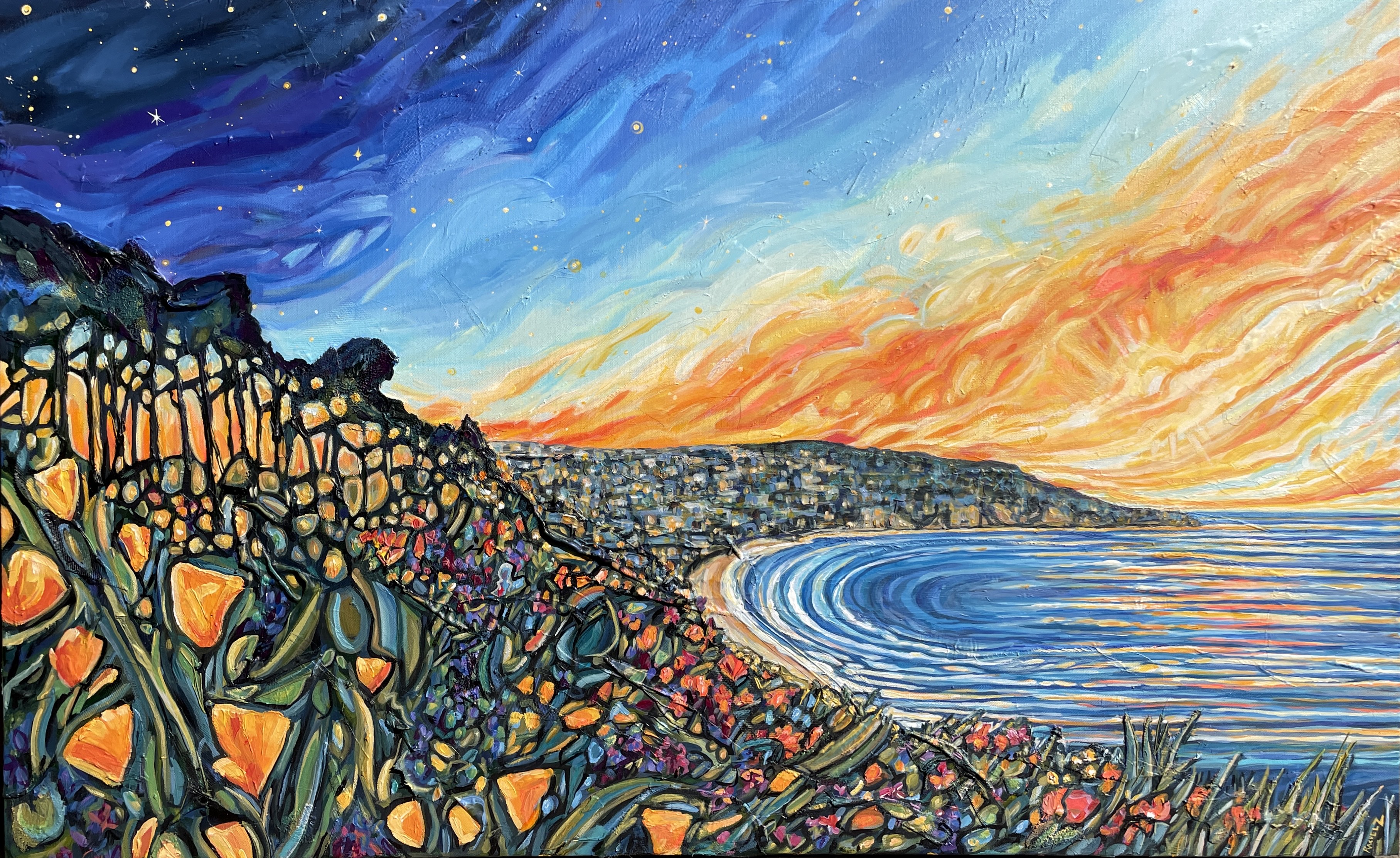 A painting depicts a poppy-covered hillside, a sky of blues and oranges and water reflecting the sun.