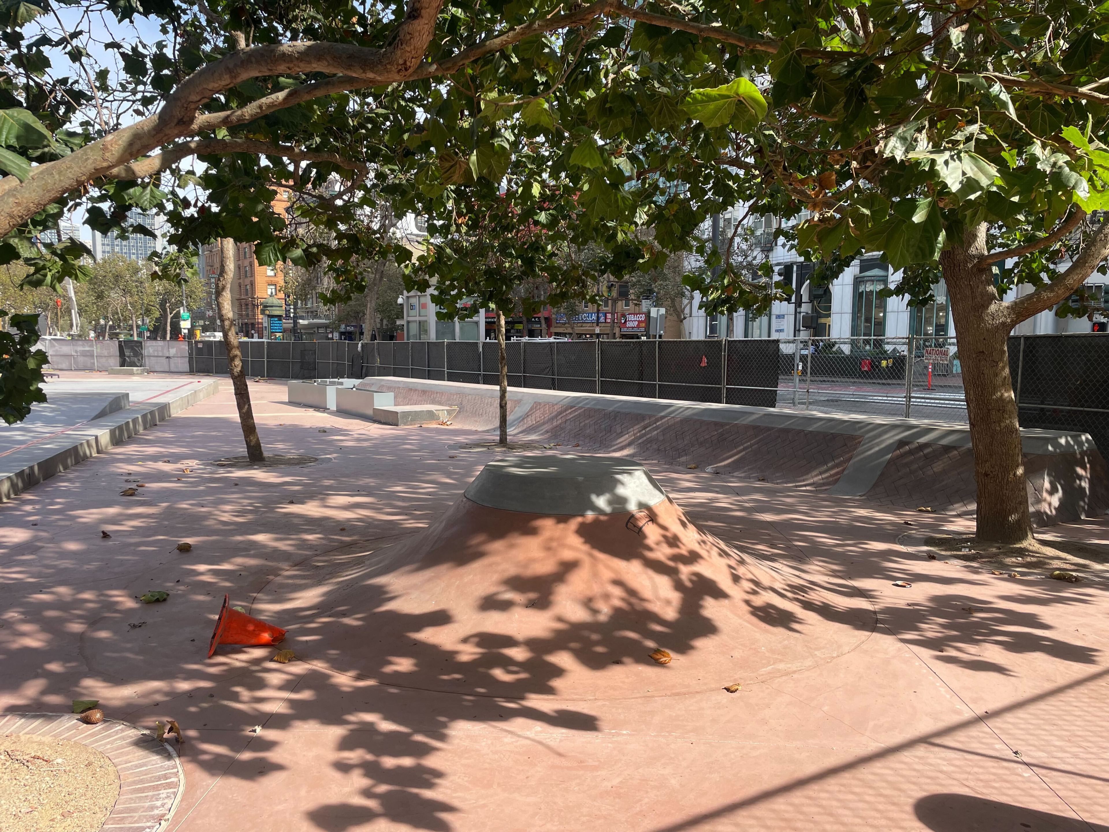A view of modifications to the brick at U.N. Plaza, creating ramps to attract skateboarders.