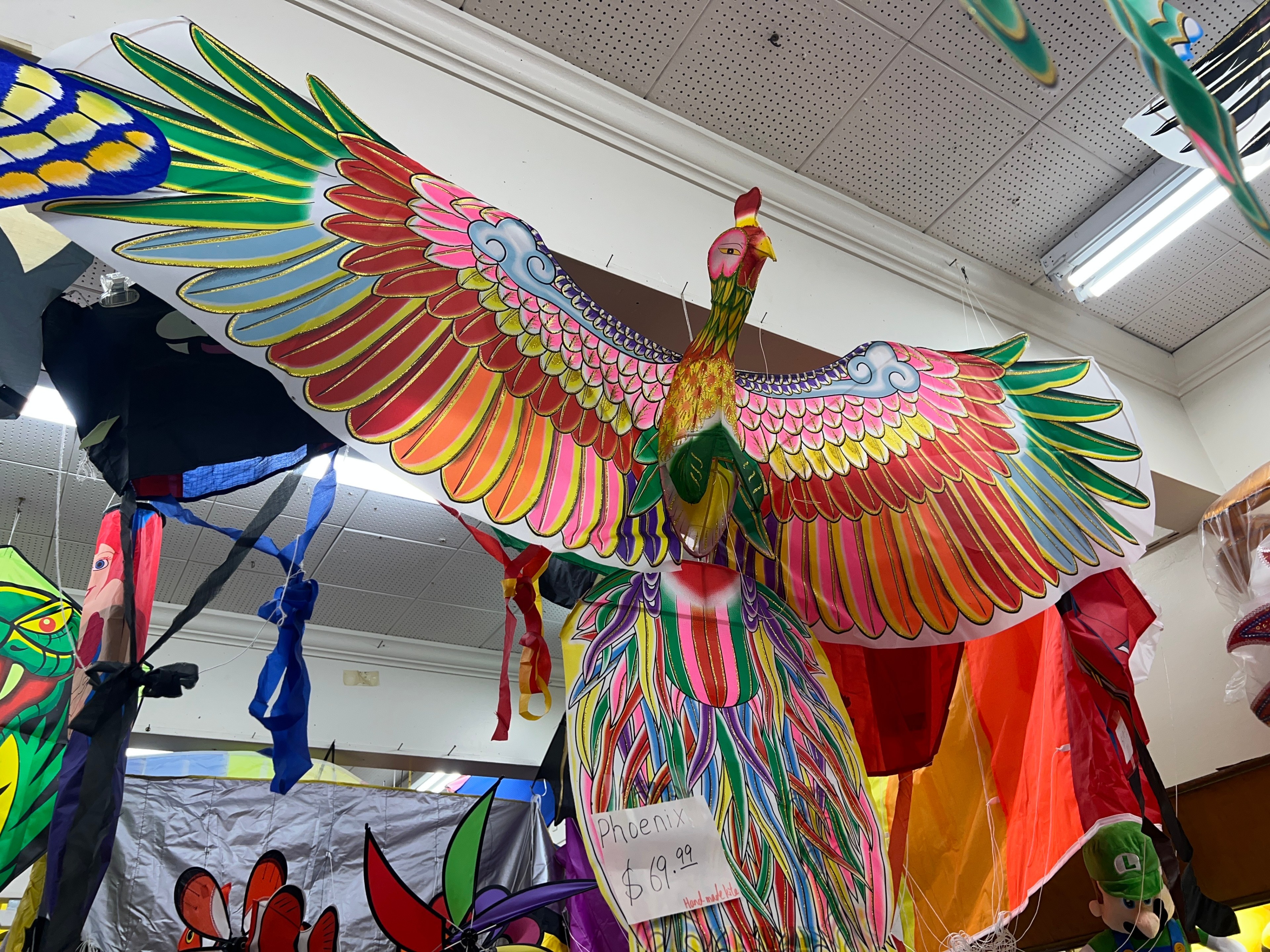 A colorful bird kite hangs from the ceiling of a kite shop.