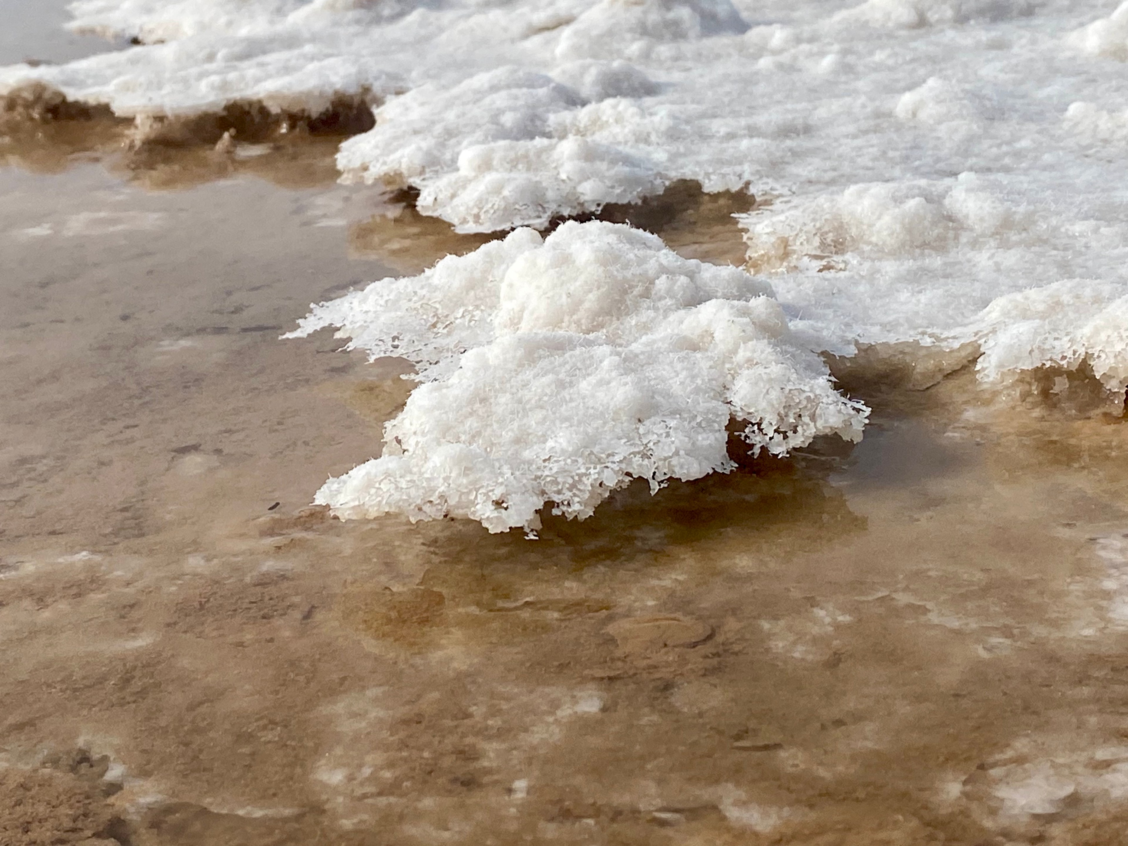 Giant white salt crystals on a lakebed. 