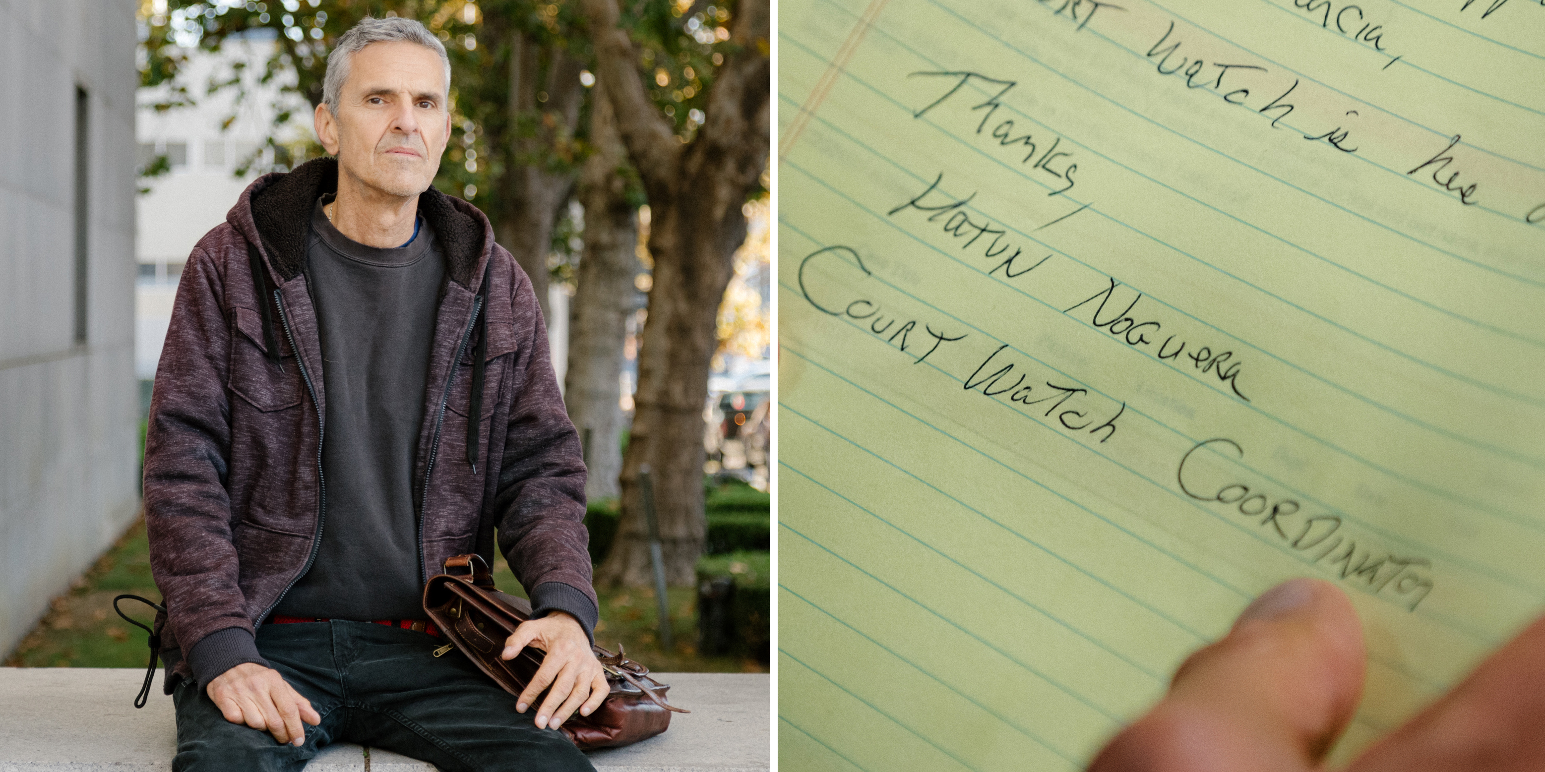 Two photos side by side: A man poses for a portrait next to a yellow college ruled paper that reads &quot;Thanks, Hatun Noguera Court Watch Coordinator&quot;