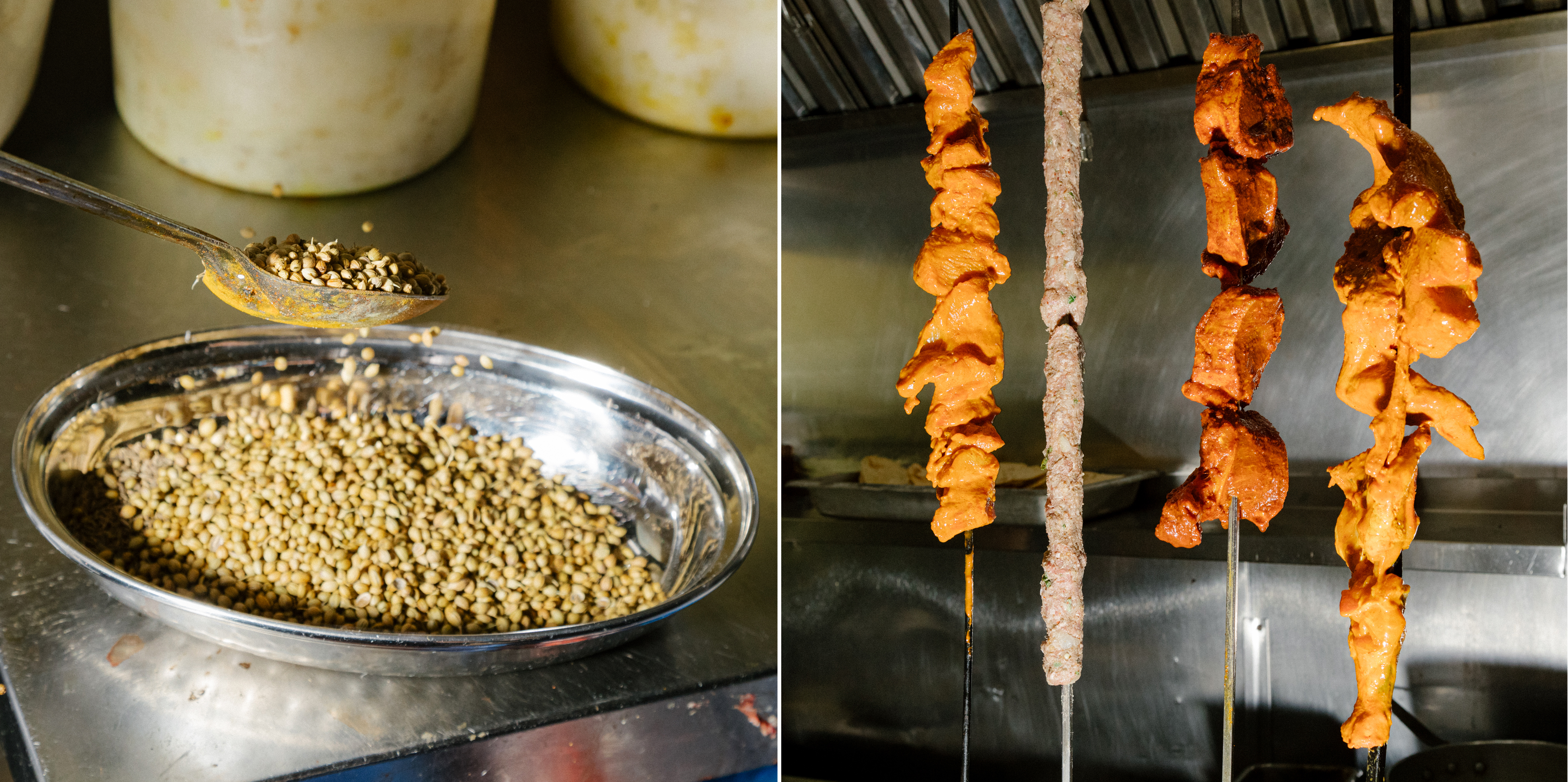 A spoonful of Coriander, left, and chicken, seekh, lamb, and chicken thigh kabob skewers, right, before being grilled in a tandoor oven that gives the food its signature smokey flavor.