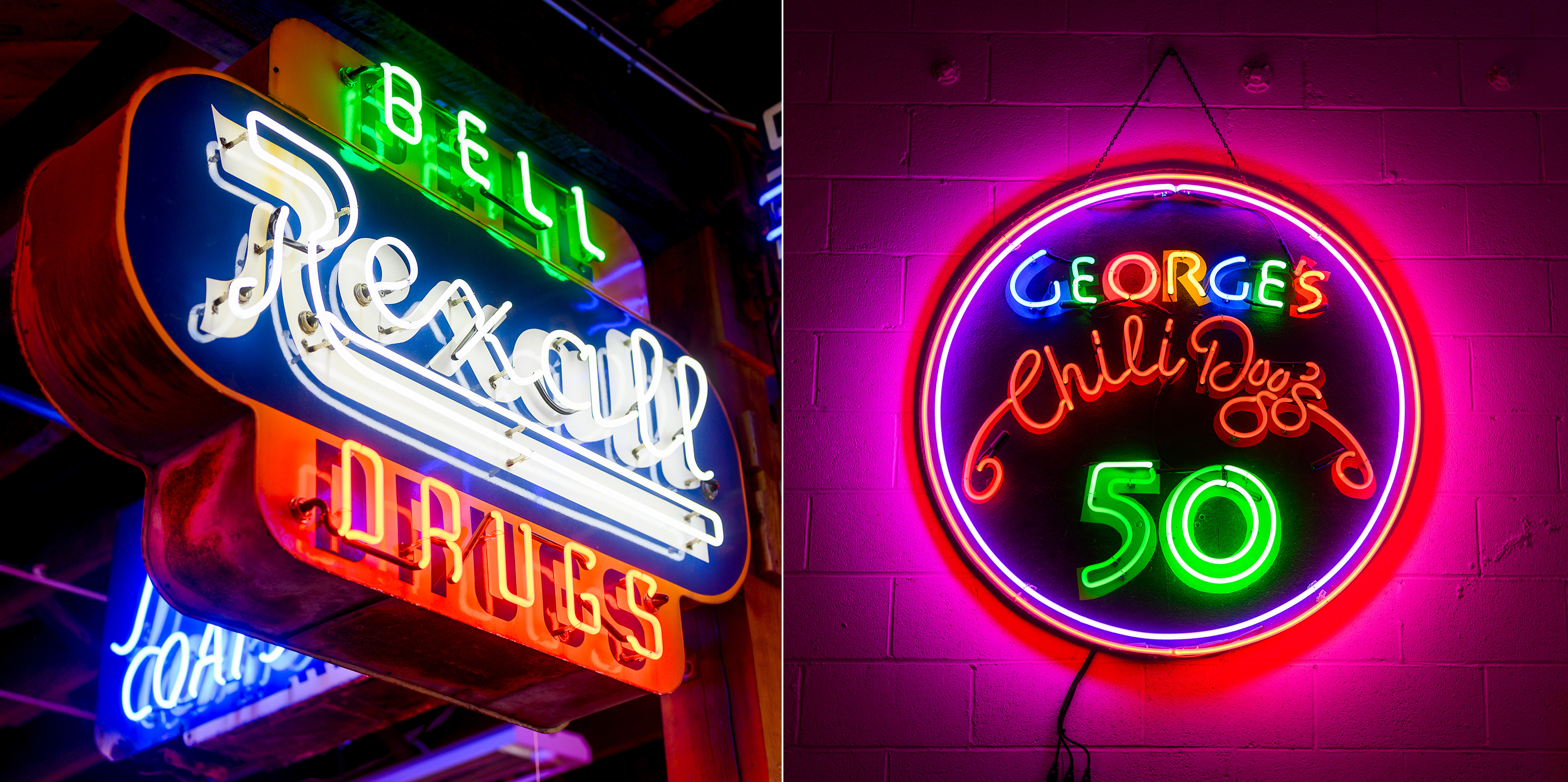 A neon Rexall Drugs sign, left, and a neon George’s Chili Dogs sign hangs in a workshop at Neon Works in Oakland on Tuesday, Nov. 7, 2023.