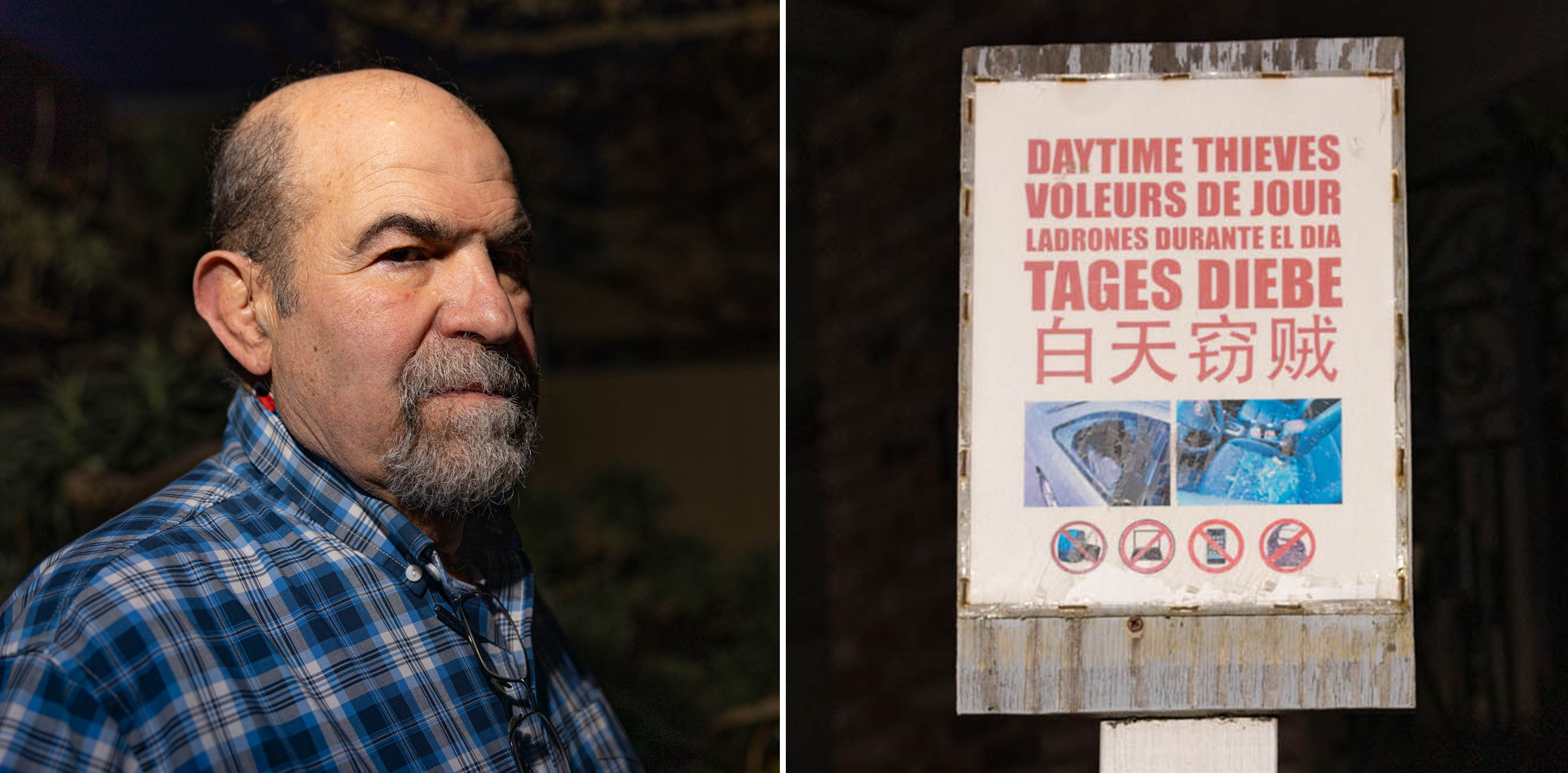 Two photos side by side - one photo is a tight portrait of a man with a goatee looking at the camera and the other photos reads &quot;Daytime Thieves&quot; in english and 5 other languages with pocues of smashes windows.