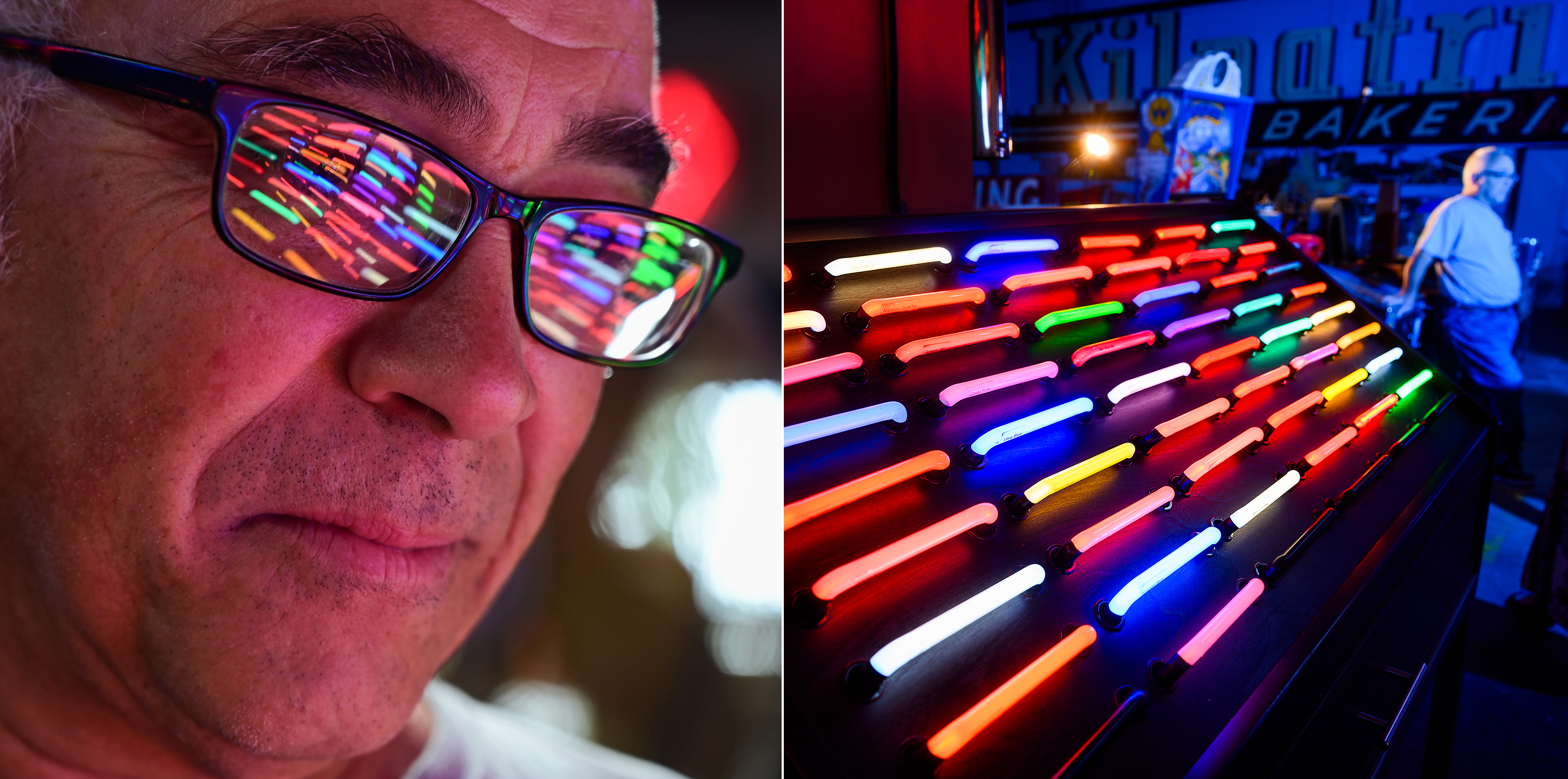 2 side by side photos - one of a neon lights being reflected off Jim Rizzo’s eye glasses, owner of Neon Works and a table of horizontal neon lights for customers to view at Neon Works workshop.